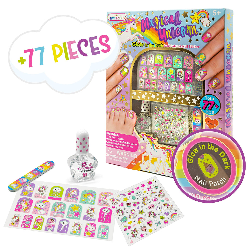 Hot Focus Unicorn Nail Kit – 77+ Pieces Kids Nail Art Spa Set for Girls 5–12