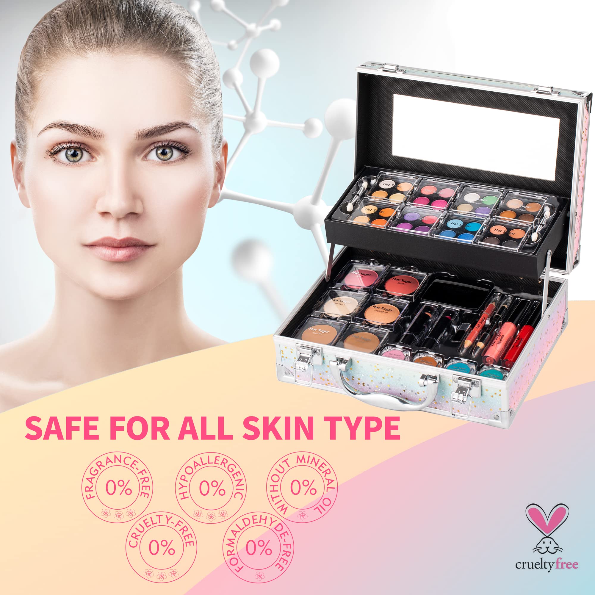 Hot Sugar Makeup Kit for Women – Rainbow Train Case Starter Set with Pigmented Eyeshadow Palette, Blush & Lip & Eye Pencils