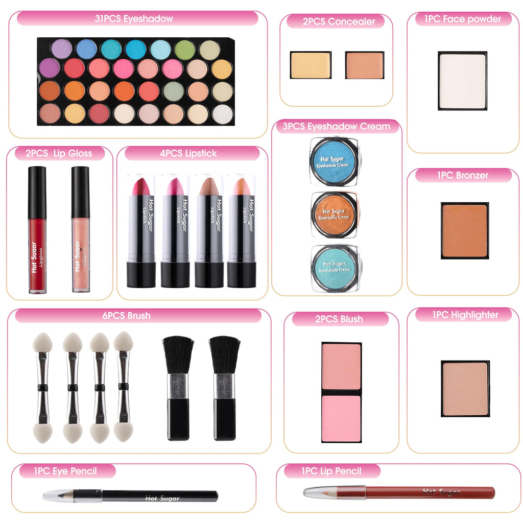 Hot Sugar Makeup Kit for Girls 10-12 – All-in-One Beginner Cosmetic Set with Real Tools & Cosmetics (Pink)