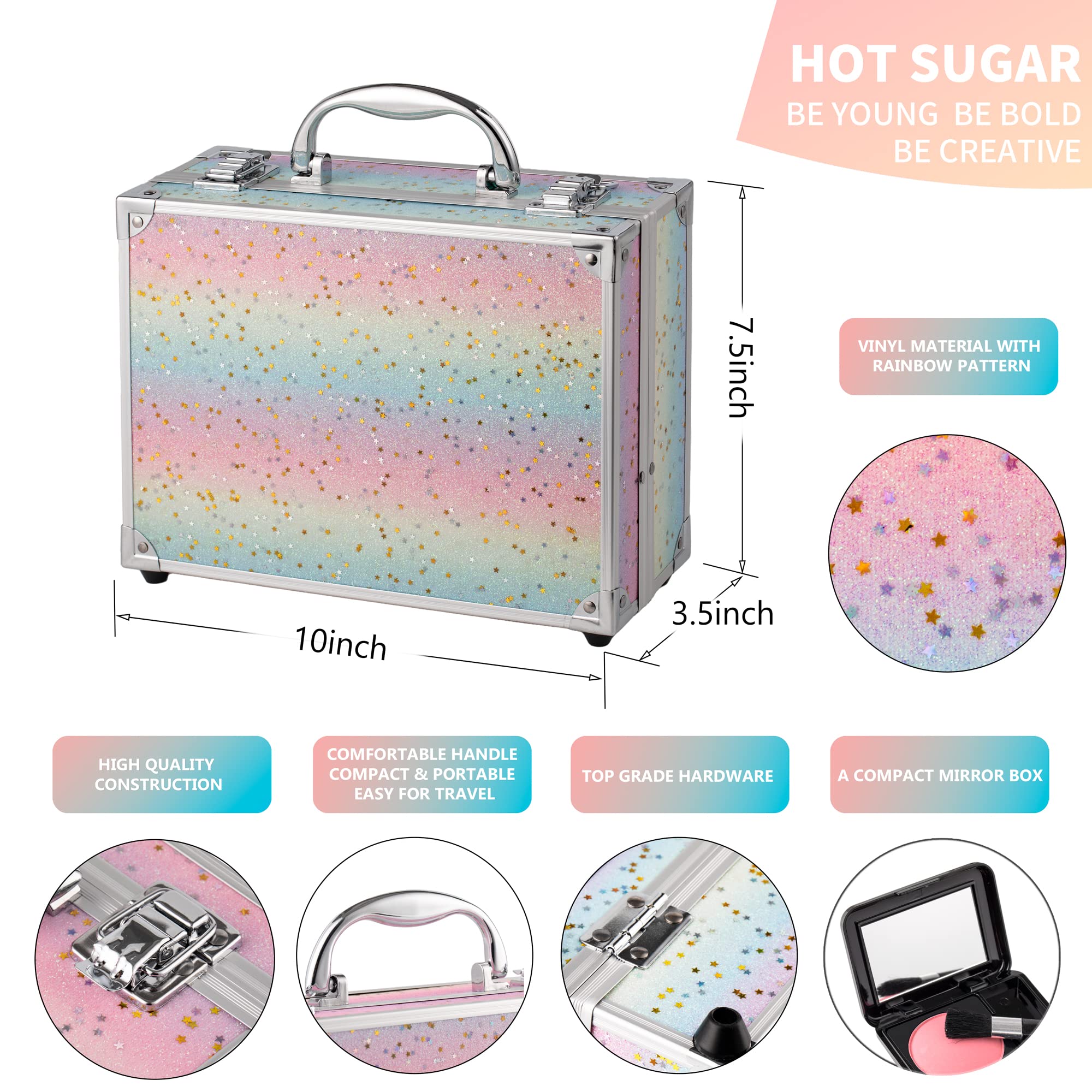 Hot Sugar Makeup Kit for Women – Rainbow Train Case Starter Set with Pigmented Eyeshadow Palette, Blush & Lip & Eye Pencils