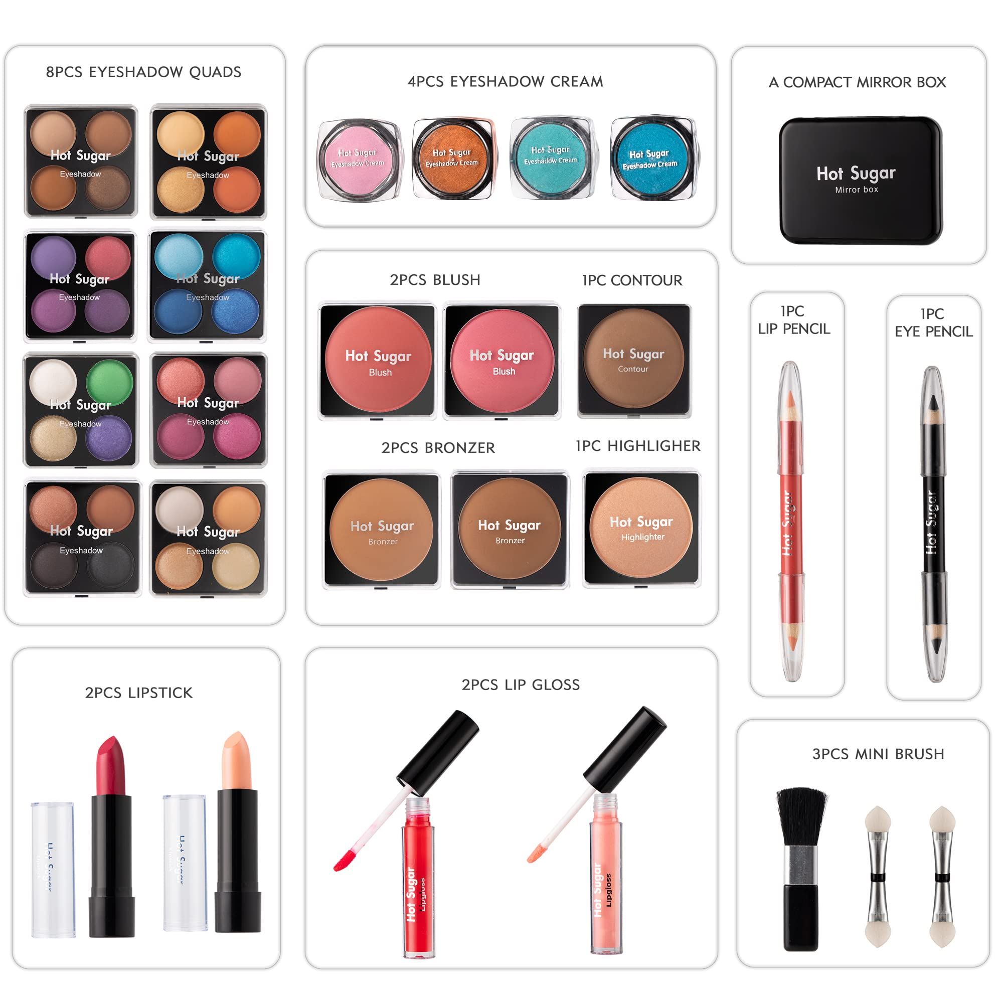 Hot Sugar Makeup Kit for Women – Rainbow Train Case Starter Set with Pigmented Eyeshadow Palette, Blush & Lip & Eye Pencils
