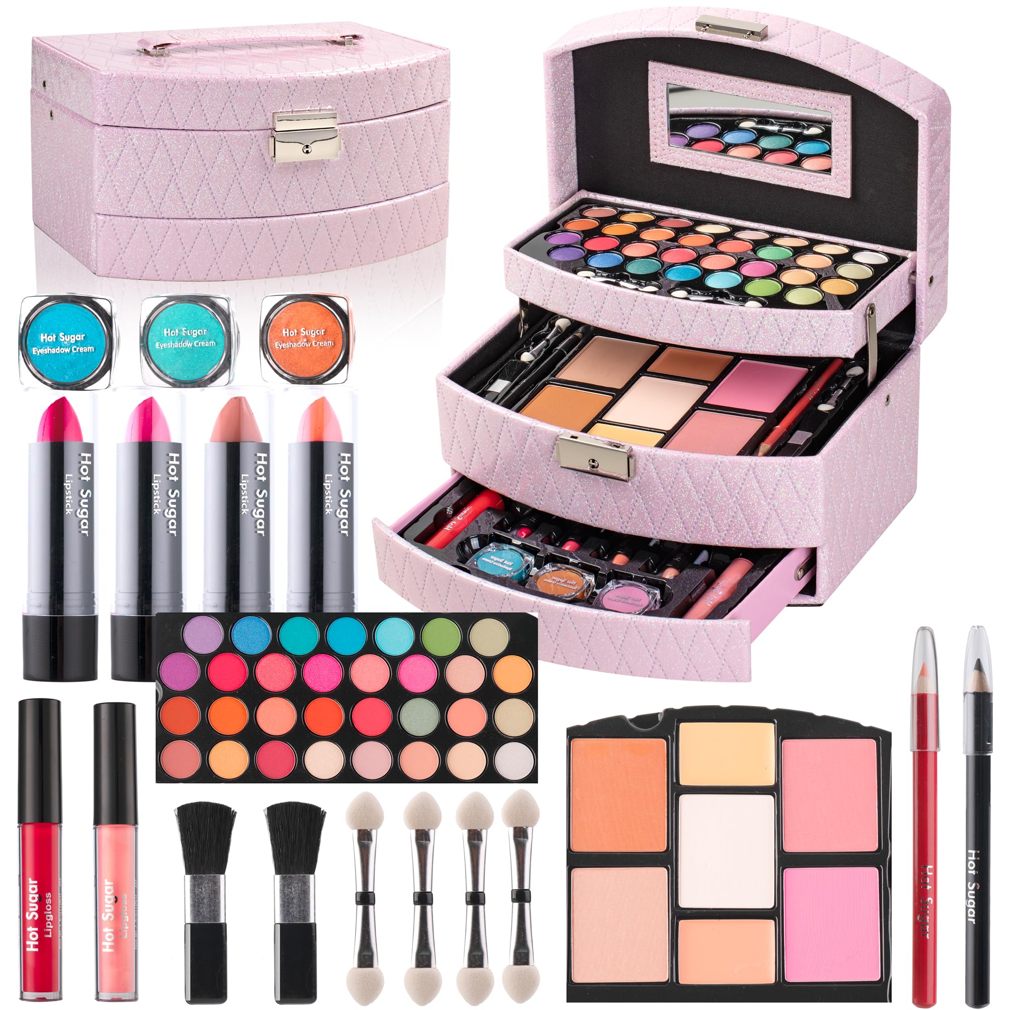 Hot Sugar Makeup Kit for Girls 10-12 – All-in-One Beginner Cosmetic Set with Real Tools & Cosmetics (Pink)