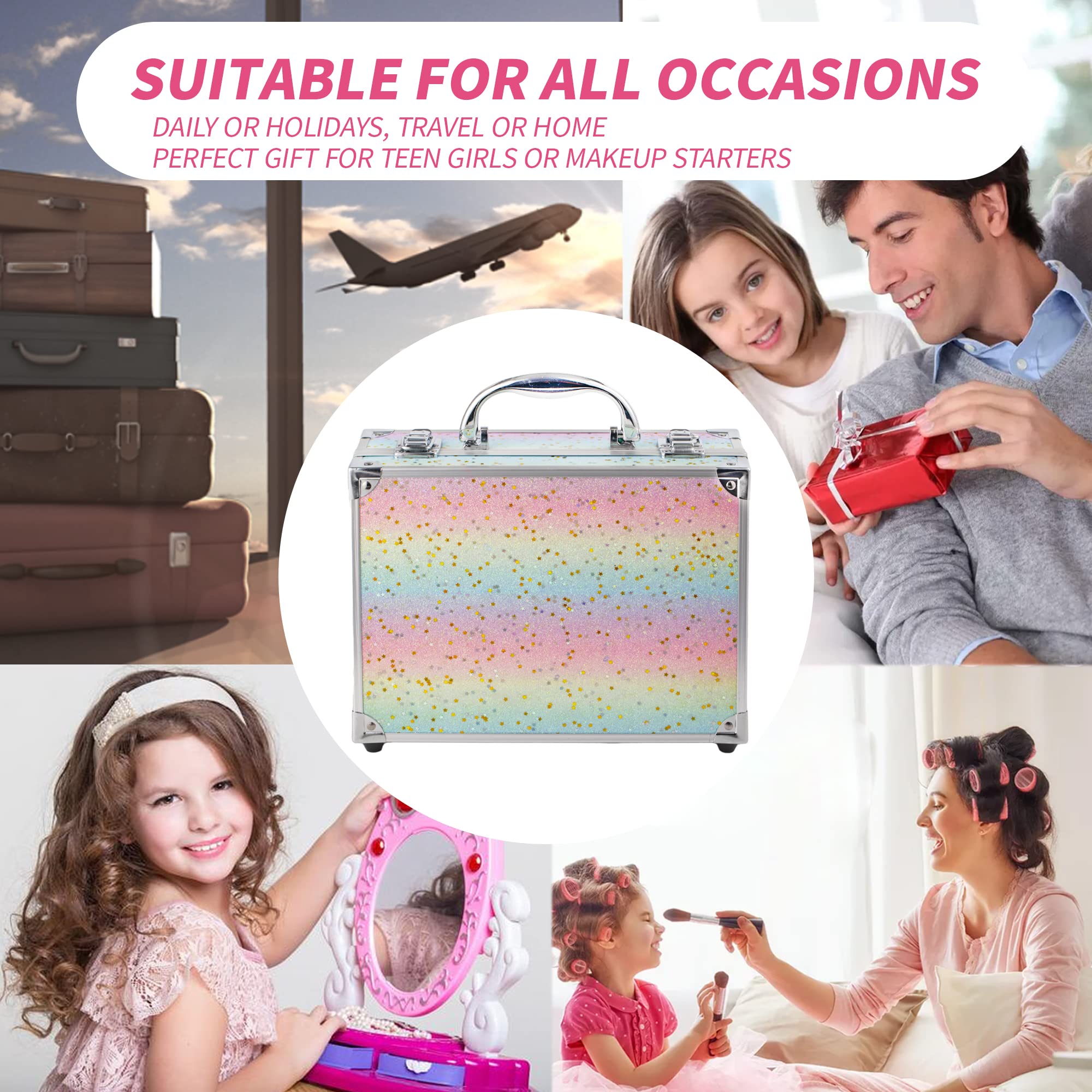 Hot Sugar Makeup Kit for Women – Rainbow Train Case Starter Set with Pigmented Eyeshadow Palette, Blush & Lip & Eye Pencils