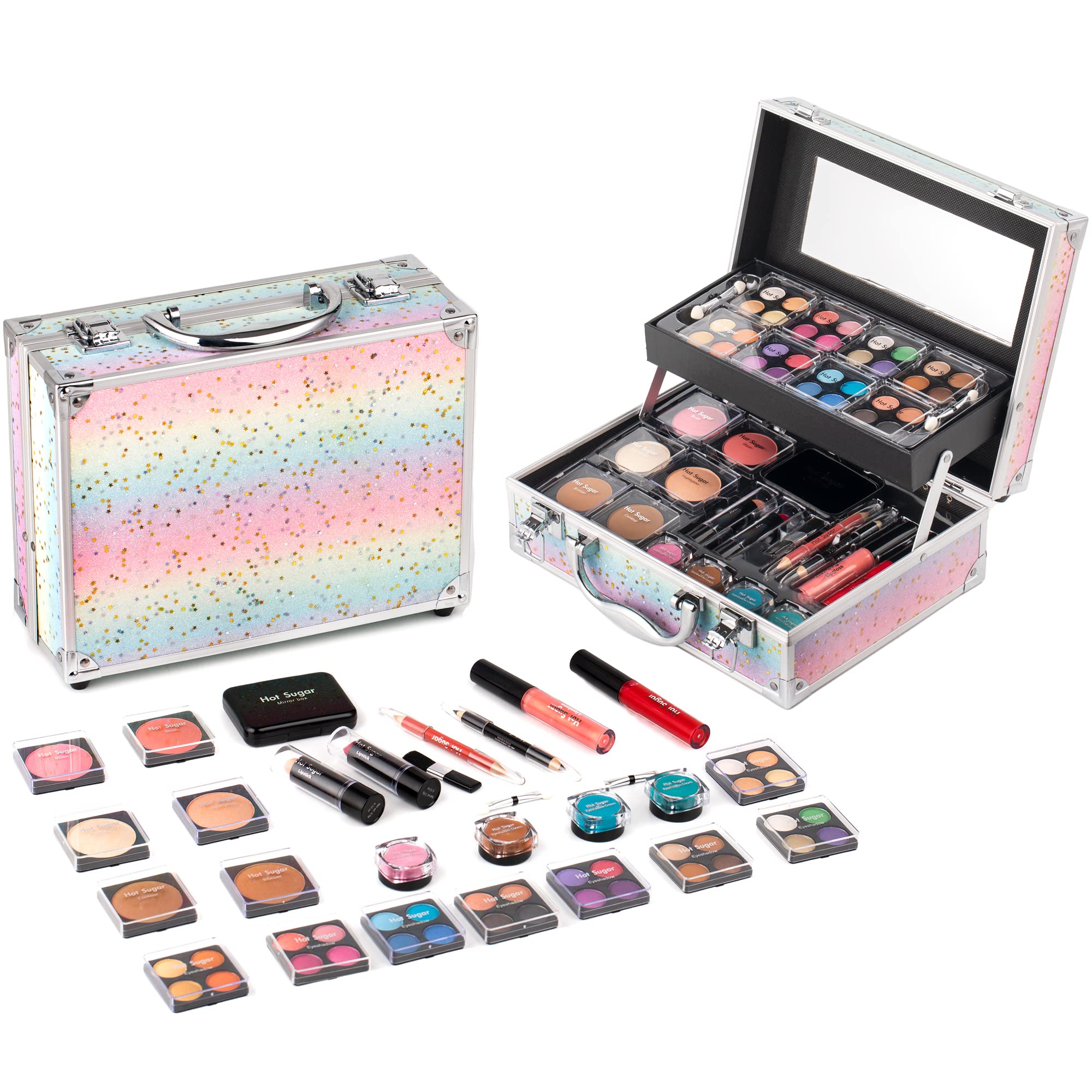 Hot Sugar Makeup Kit for Women – Rainbow Train Case Starter Set with Pigmented Eyeshadow Palette, Blush & Lip & Eye Pencils