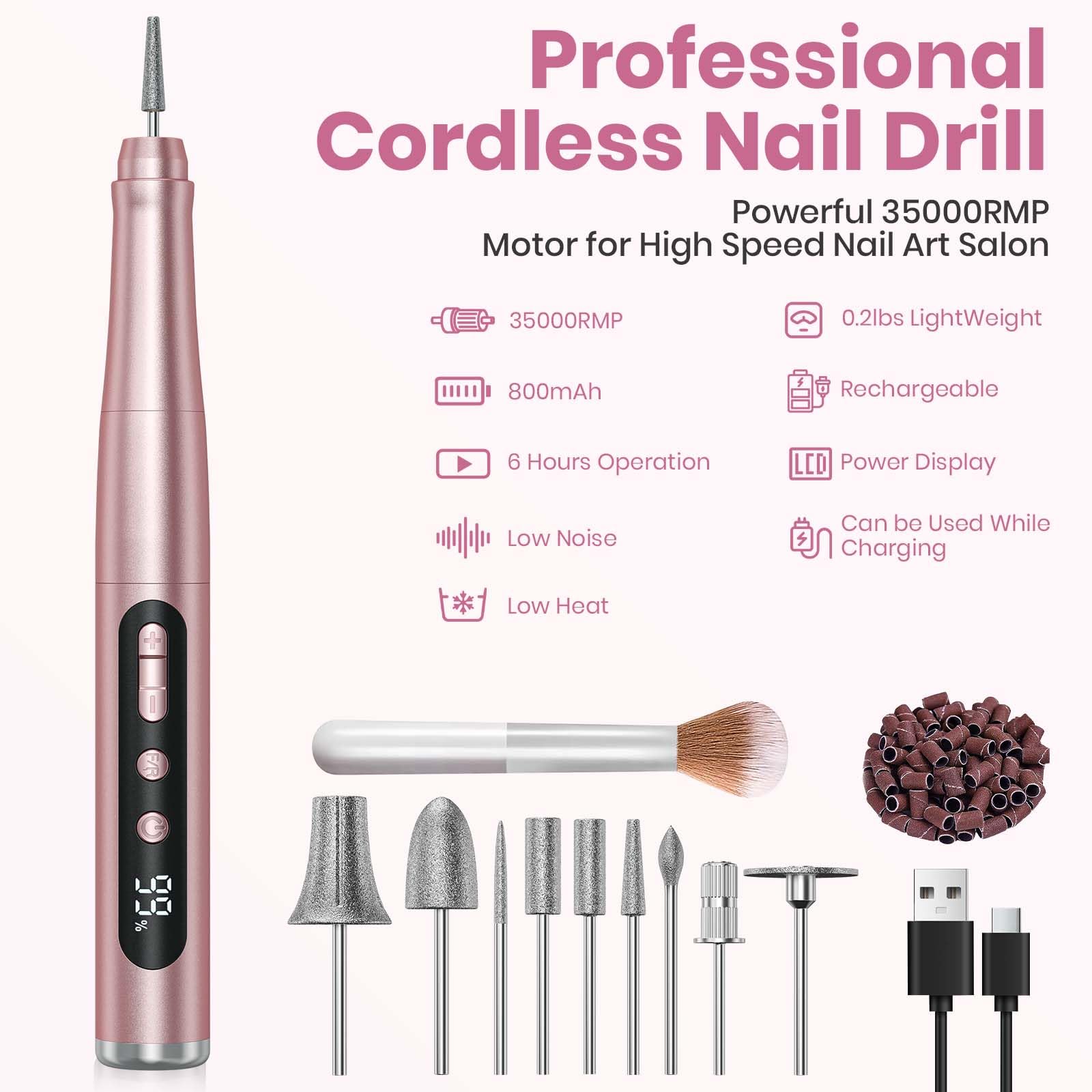 Hoxida Cordless Nail Drill 35000RPM – Portable Electric Nail File with LCD Display for Acrylic & Gel Nails