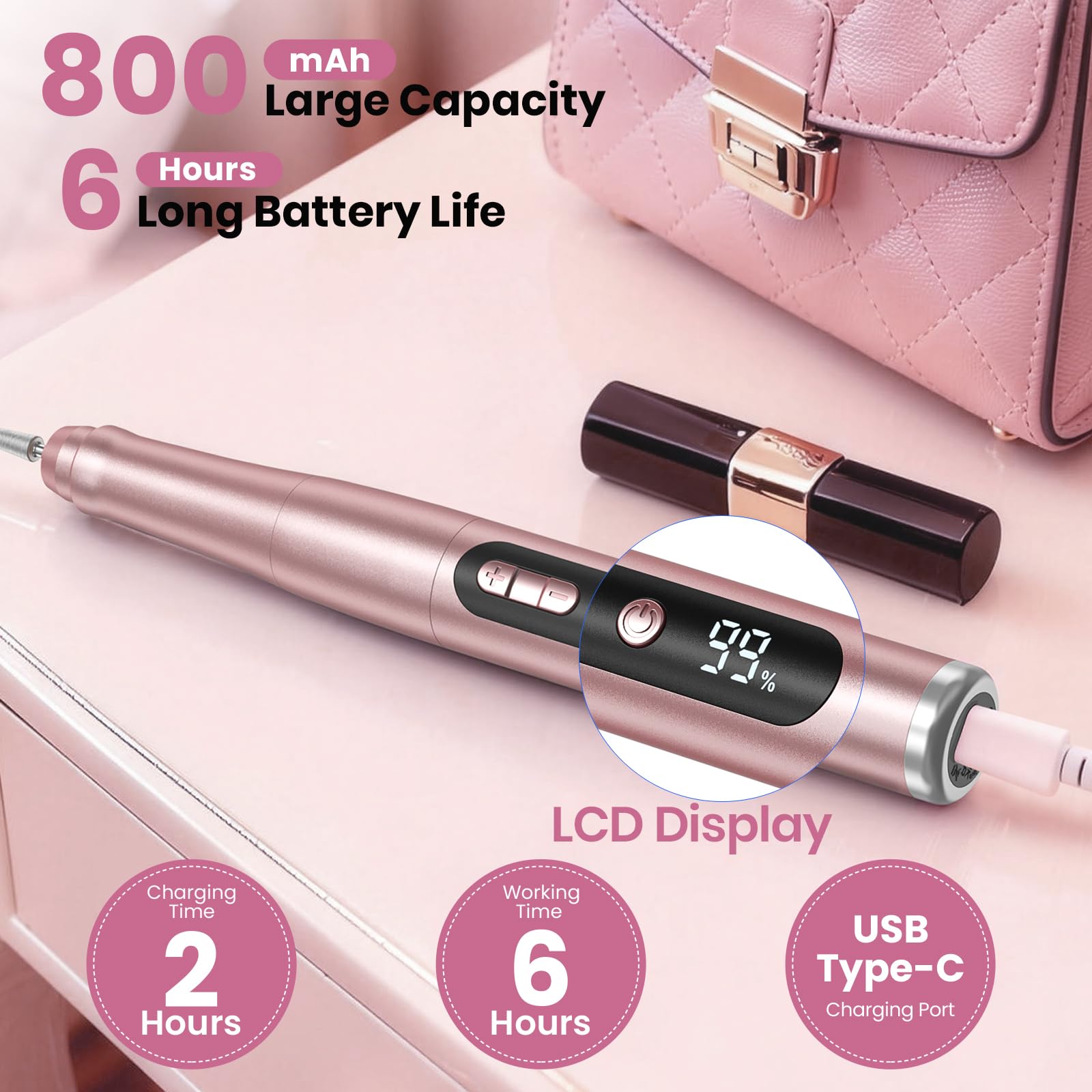 Hoxida Cordless Nail Drill 35000RPM – Portable Electric Nail File with LCD Display for Acrylic & Gel Nails