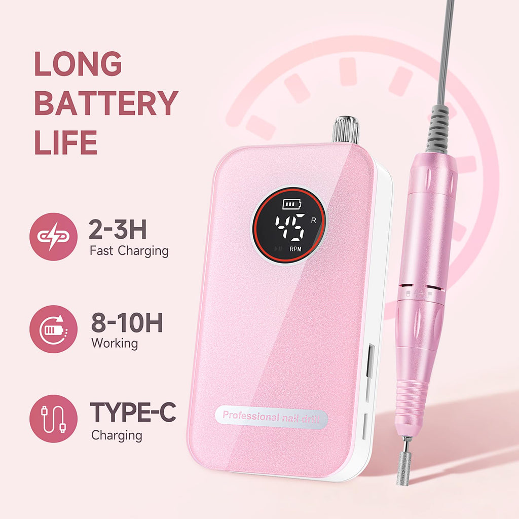 HQMPHQ Professional Nail Drill 45,000 RPM – Portable, Low Noise (Pink) with 11 Bits & 50 Sanding Bands