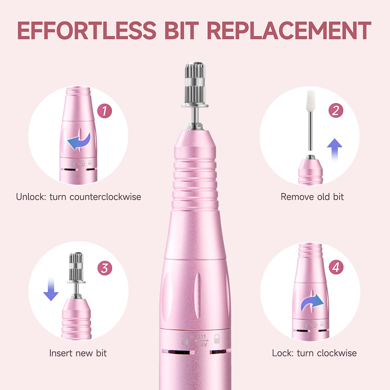 HQMPHQ Professional Nail Drill 45,000 RPM – Portable, Low Noise (Pink) with 11 Bits & 50 Sanding Bands