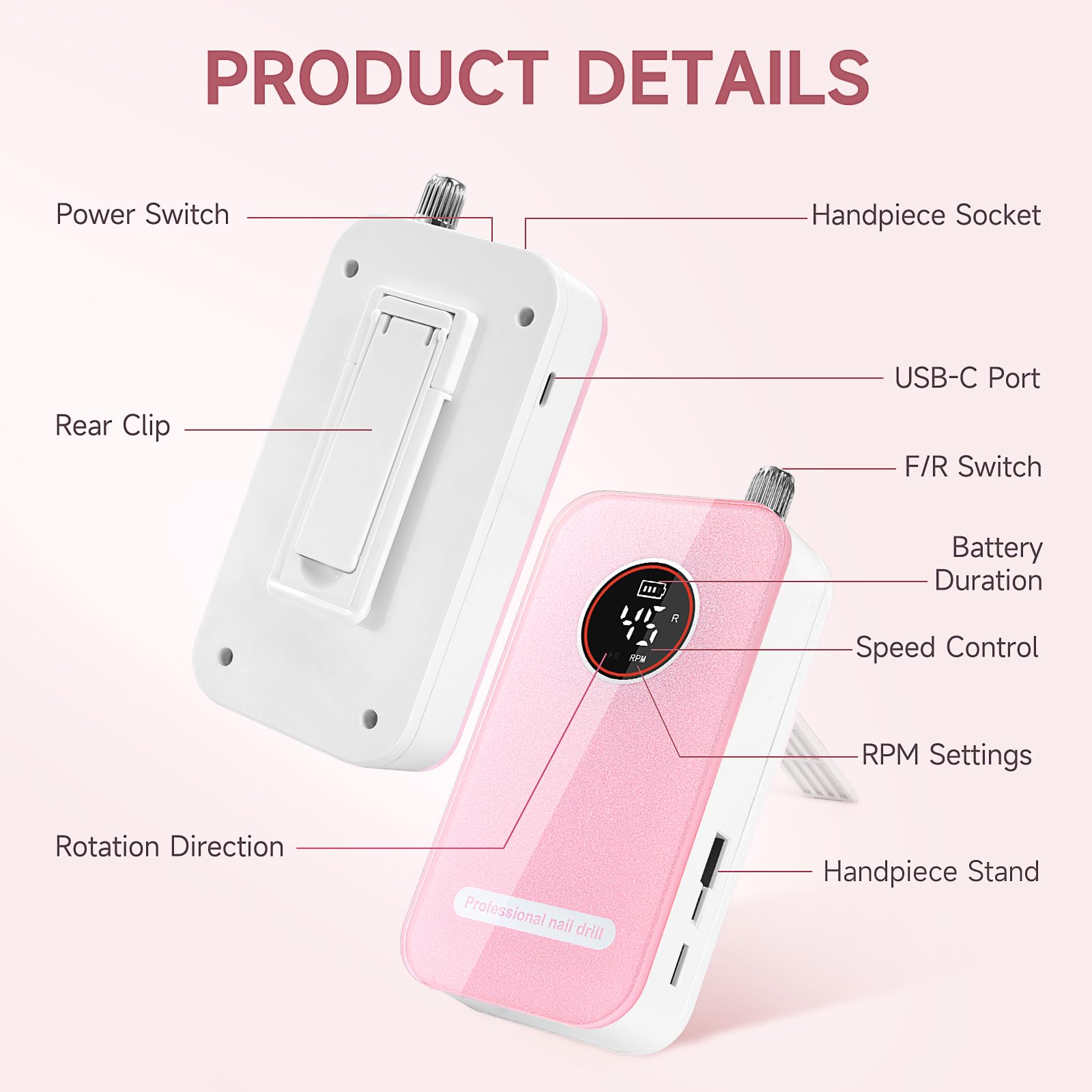 HQMPHQ Professional Nail Drill 45,000 RPM – Portable, Low Noise (Pink) with 11 Bits & 50 Sanding Bands