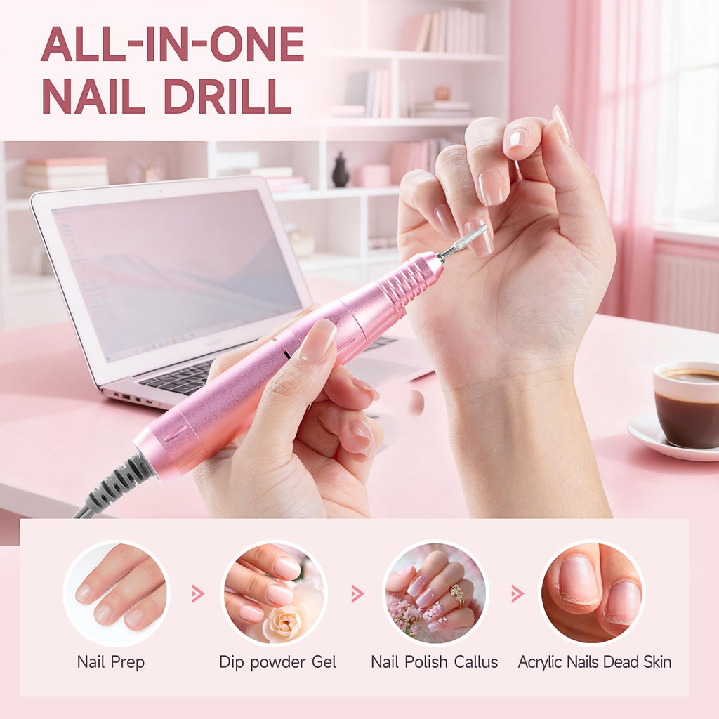 HQMPHQ Professional Nail Drill 45,000 RPM – Portable, Low Noise (Pink) with 11 Bits & 50 Sanding Bands