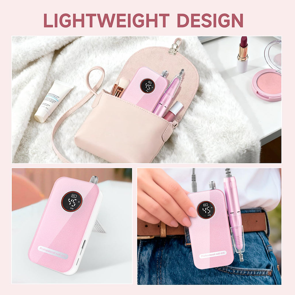 HQMPHQ Professional Nail Drill 45,000 RPM – Portable, Low Noise (Pink) with 11 Bits & 50 Sanding Bands