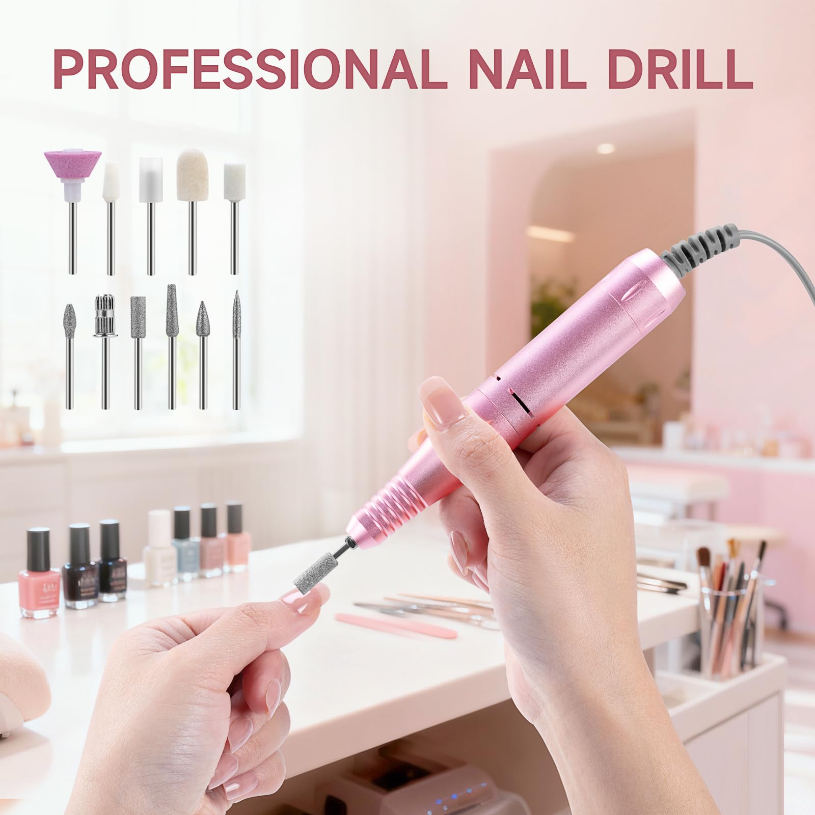 HQMPHQ Professional Nail Drill 45,000 RPM – Portable, Low Noise (Pink) with 11 Bits & 50 Sanding Bands