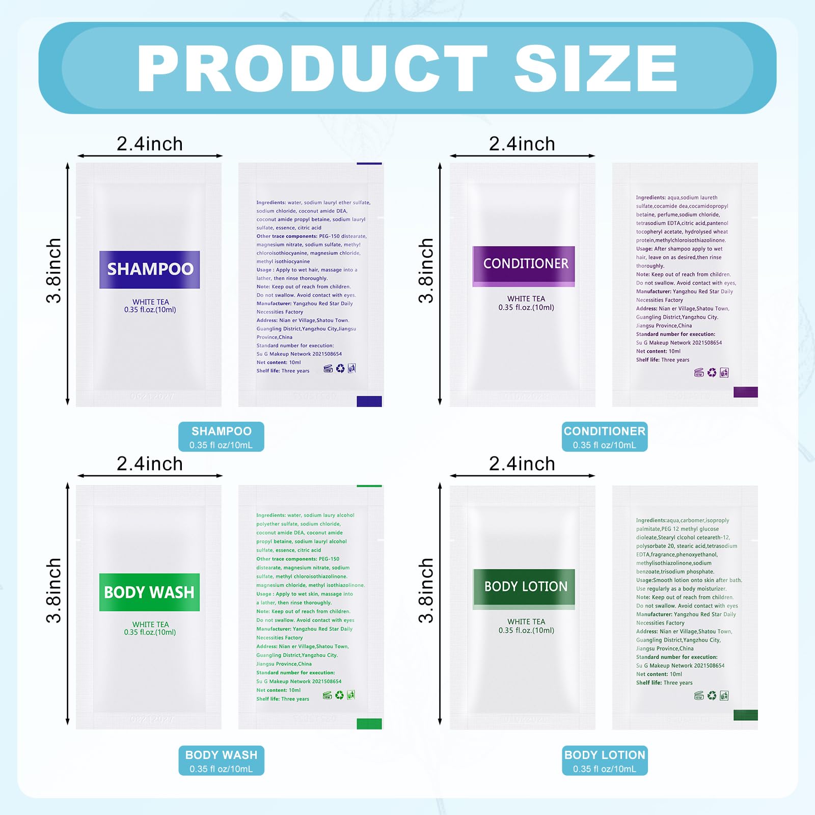 HQSLsund 4IN1 Travel Toiletries Set – 100 Pcs Bulk (10ml Each) – Body Wash, Shampoo, Conditioner, Lotion