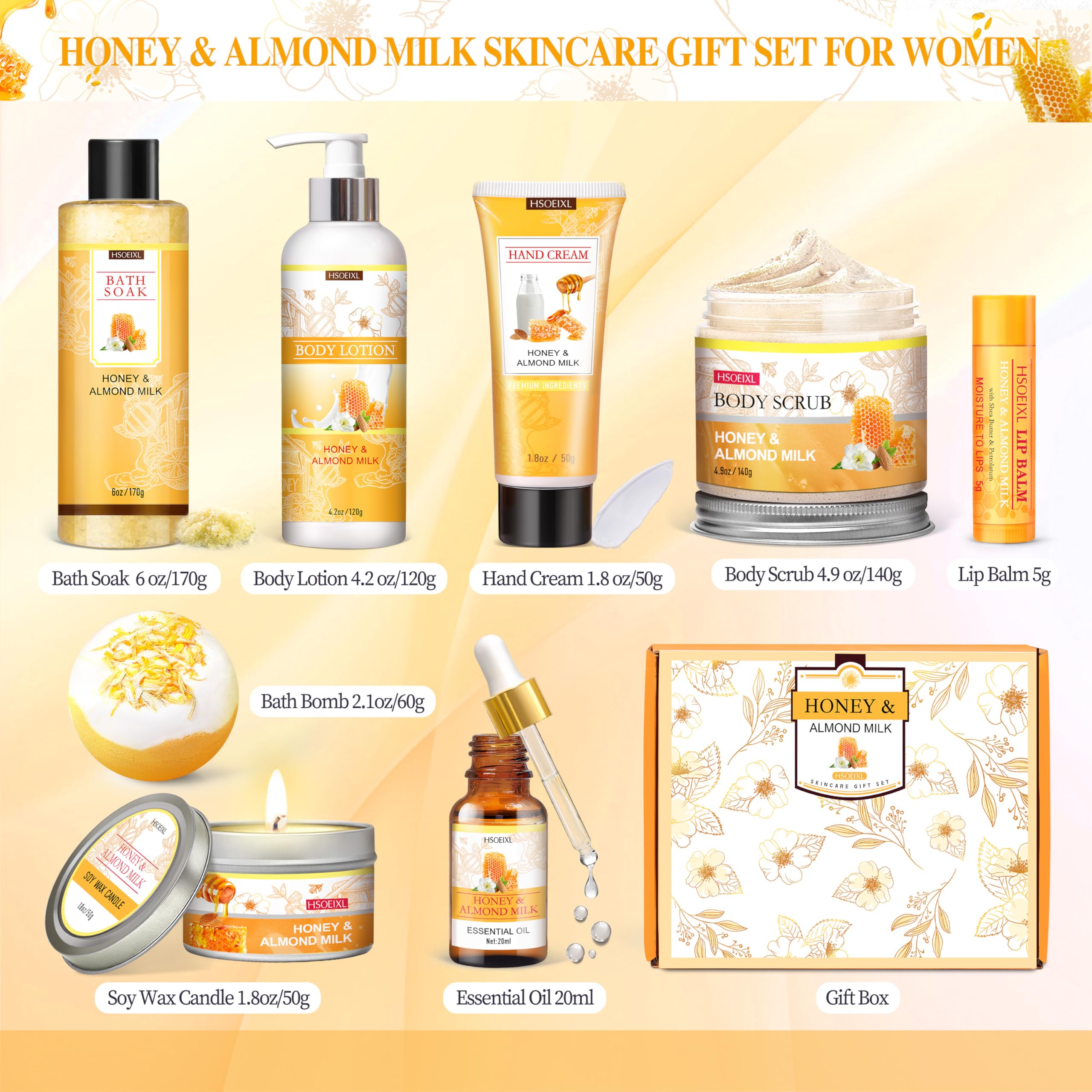HSOEIXL 9-Piece Almond Milk & Honey Bath & Spa Gift Set – Gifts for Women