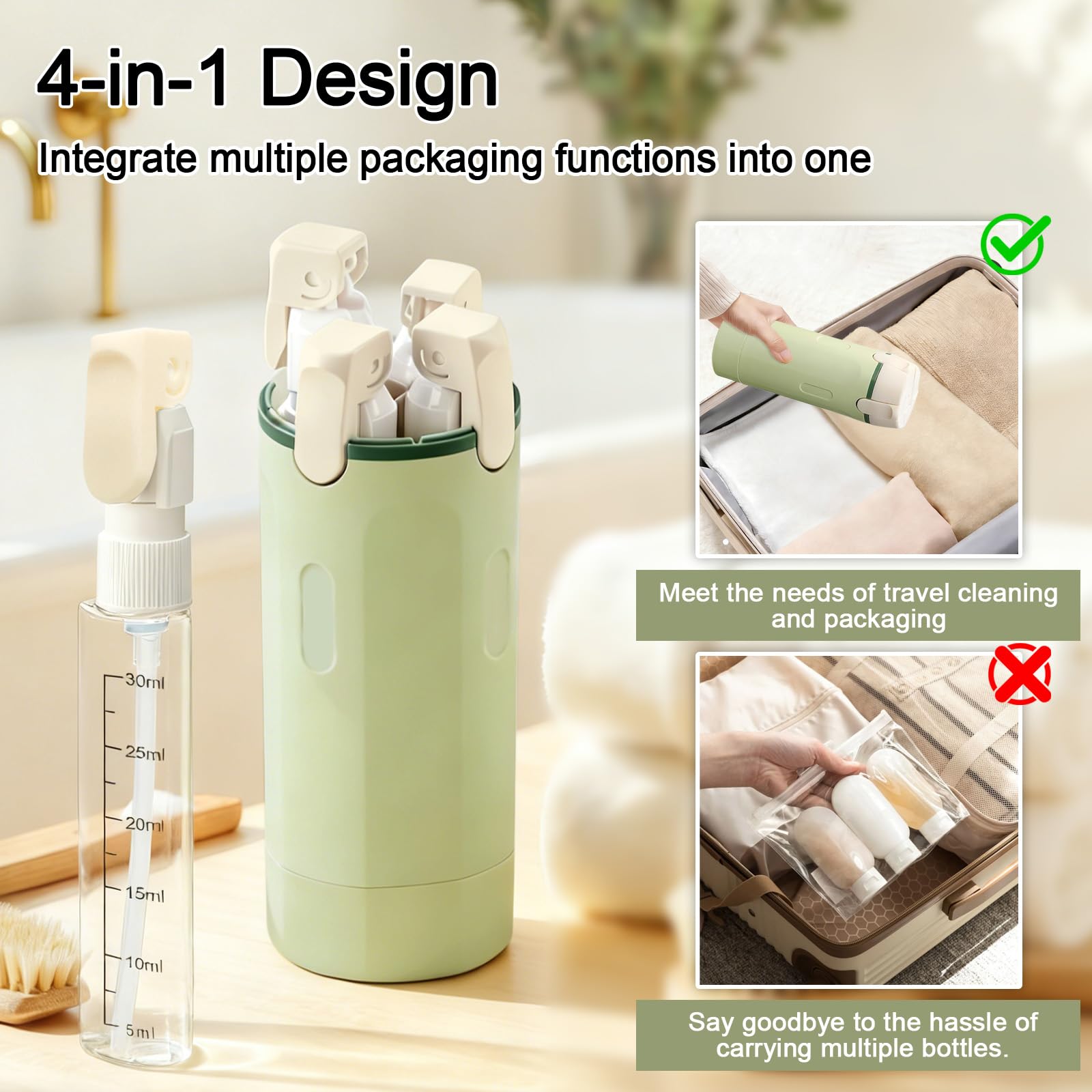 HSXCCL 4-in-1 Travel Dispenser Bottles | Refillable, Spill-Proof & Space-Saving for Vacation or Business Trips