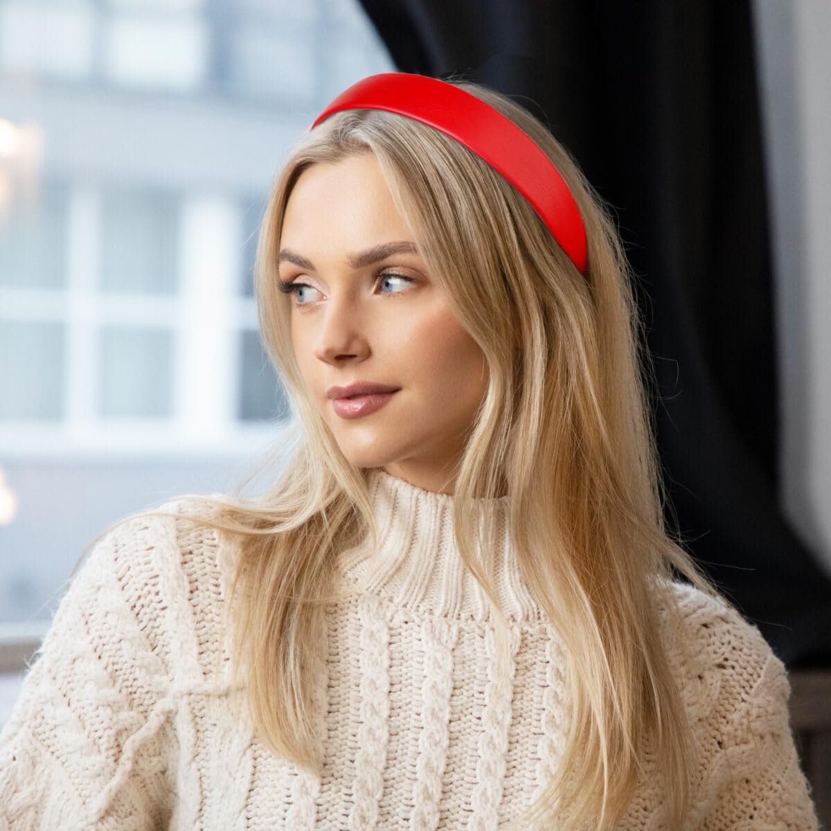Huachi Red Headbands for Women | 1-Inch Faux Leather Wide Headband