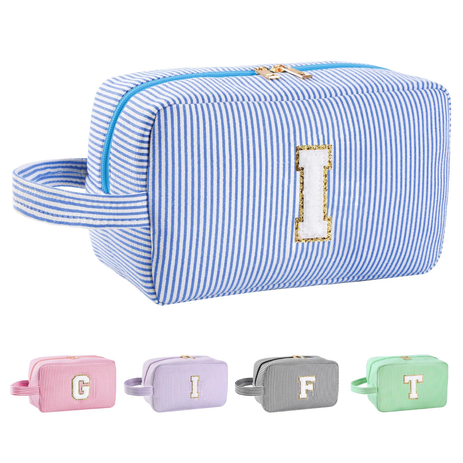 Huifen Personalized Initial Makeup Bag A-Z | Blue Stripe Travel Toiletry Bag