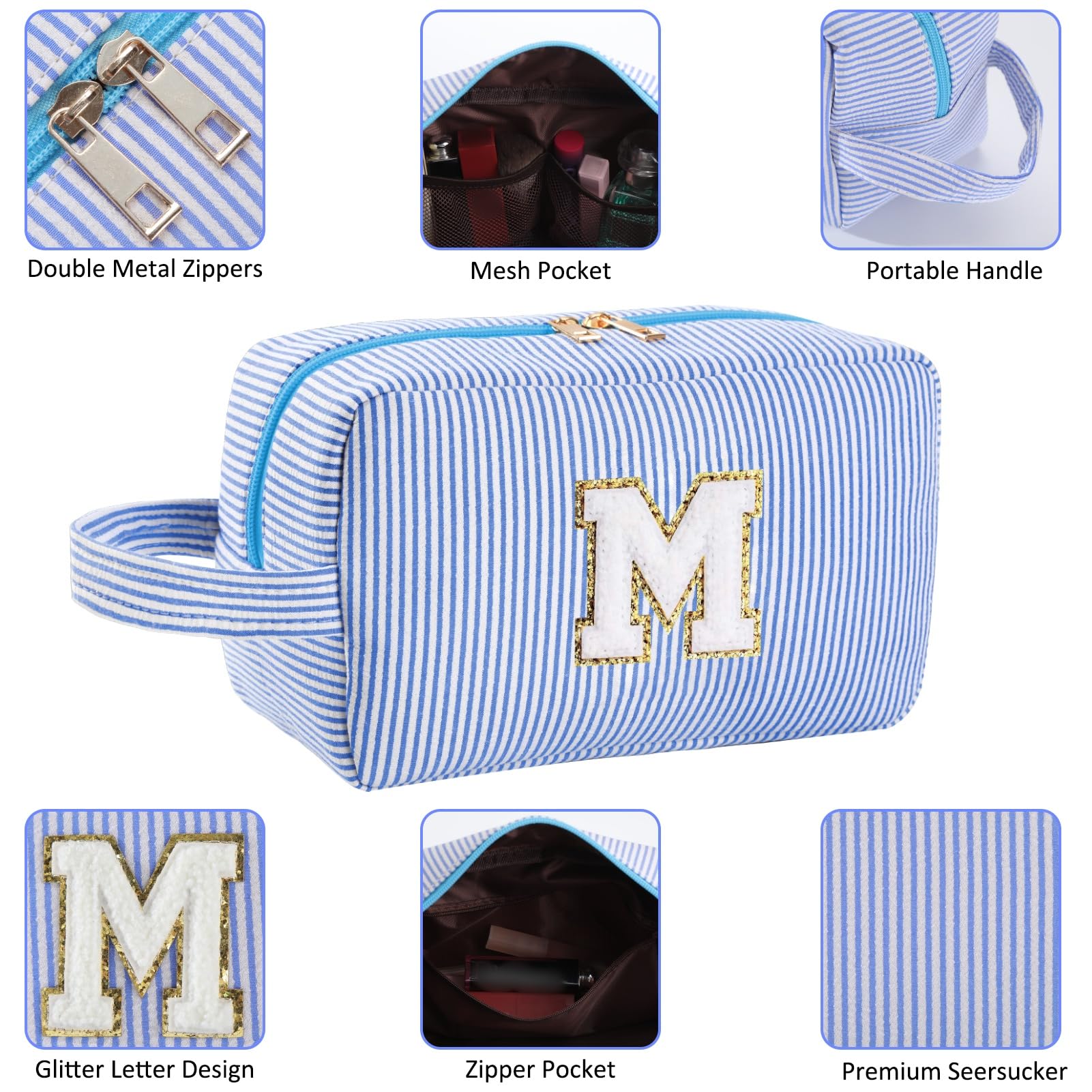 Huifen Initial Makeup Bag – Personalized A-Z Travel Cosmetic Bag for Women & Teens (Blue)