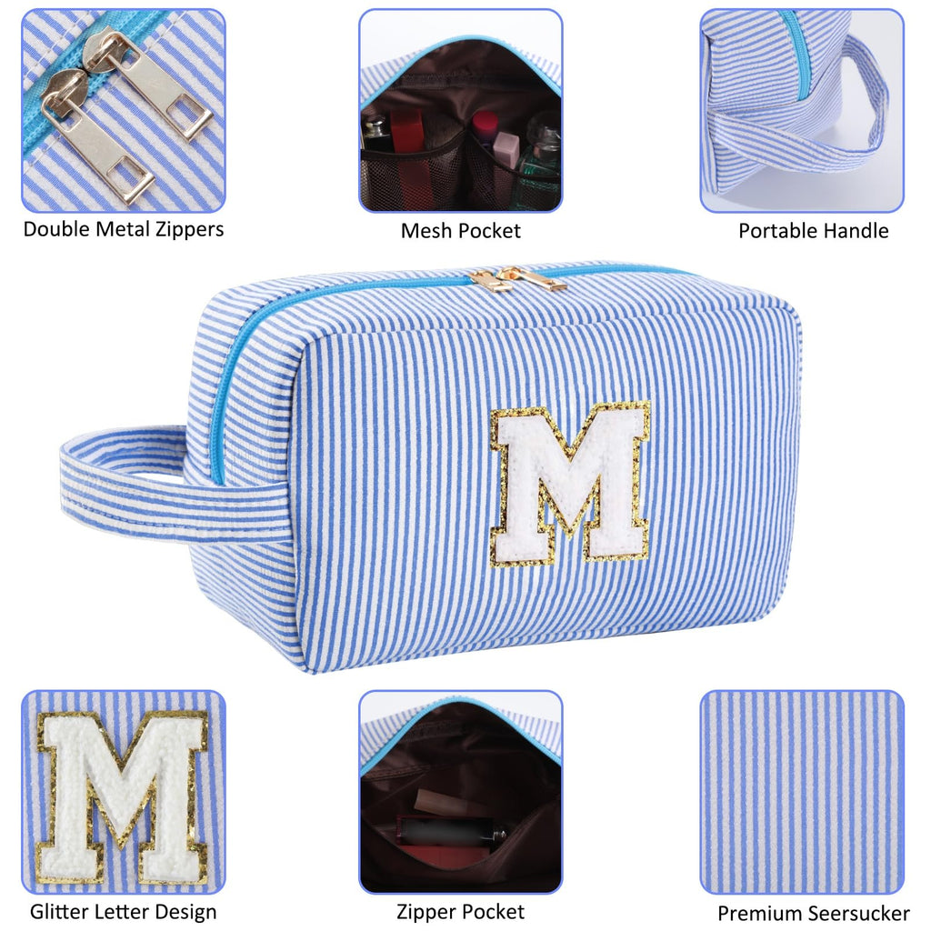 Huifen Personalized Initial Makeup Bag – A-Z Monogram Travel Cosmetic Bag (Blue)