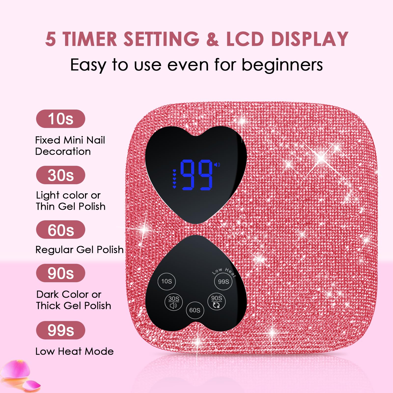 HUITINE 80W Cordless UV LED Nail Lamp with 5 Timers & Mirror Base | Pink Diamond