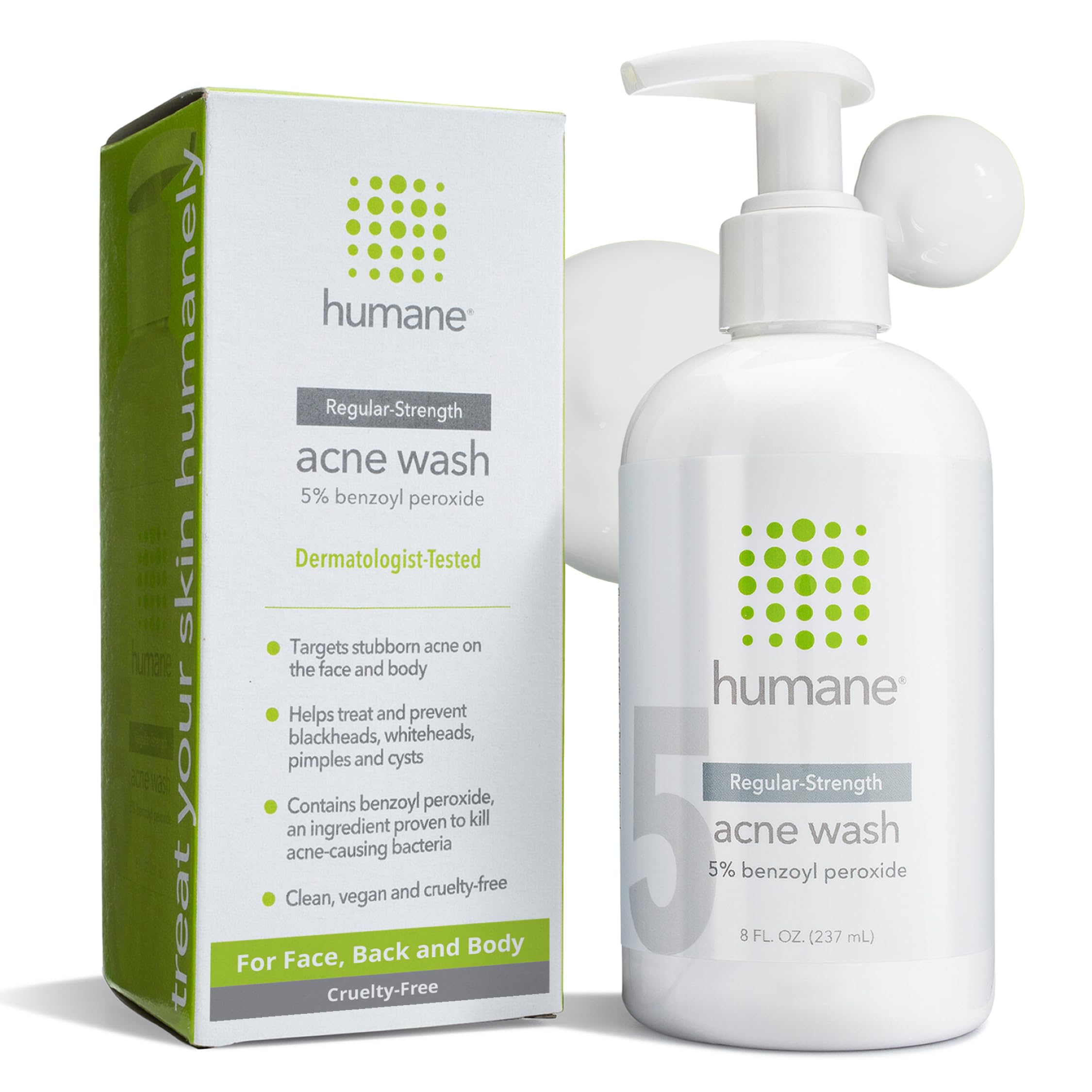 Humane 5% Benzoyl Peroxide Face Wash | Regular-Strength Acne Cleanser for Face, Back & Body | 8 oz | Cruelty-Free