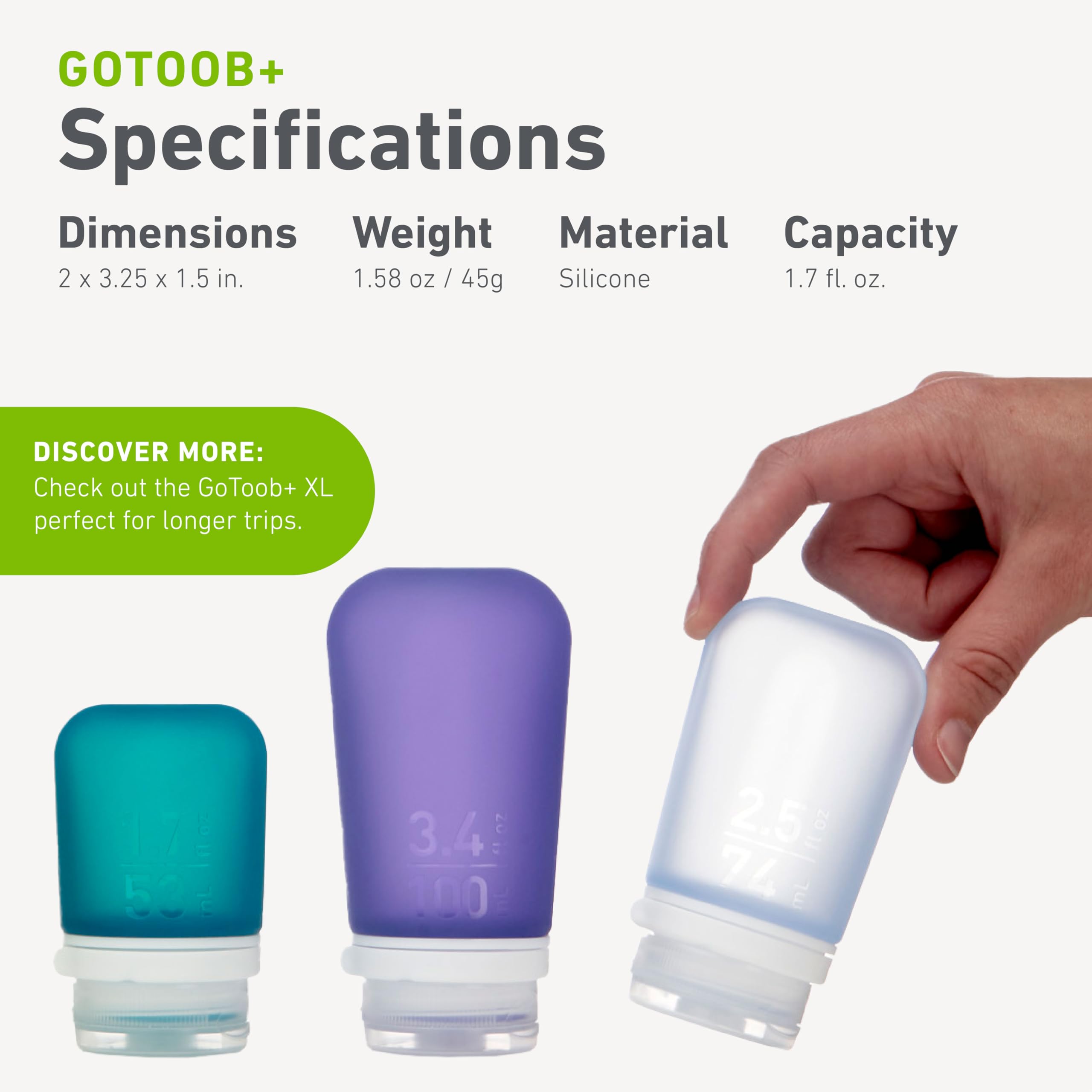 humangear GoToob+ 3-Pack (Small) | Refillable Silicone Travel Bottles with Locking Lid | 1.7 fl oz