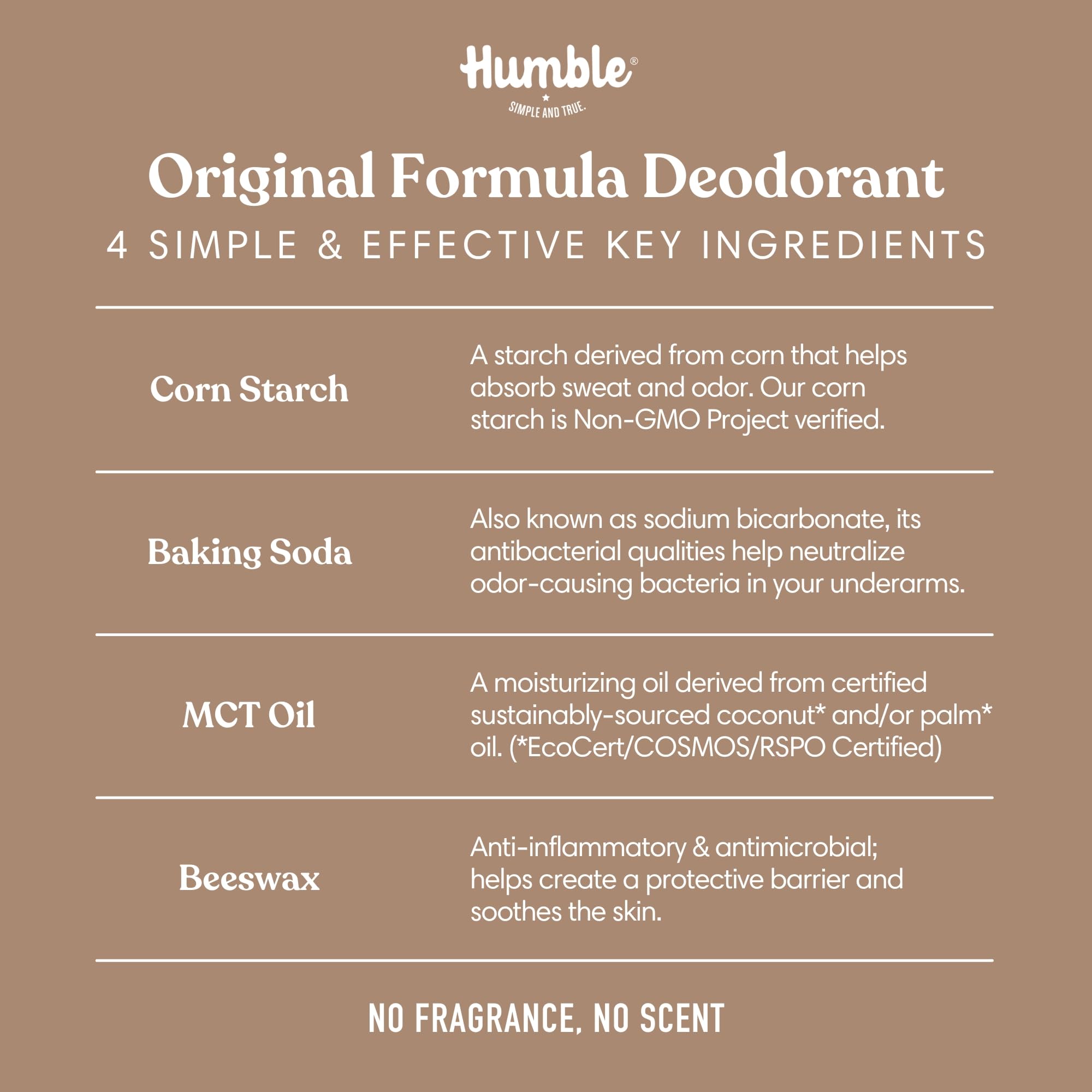 HUMBLE Aluminum-Free Deodorant Stick — Subtle Citrus, Bergamot Ginger, Mountain Lavender, Moroccan Rose | Pack of 3