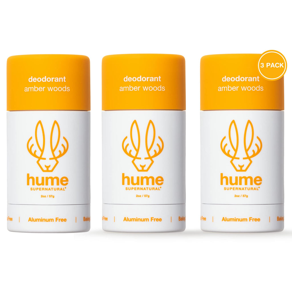 HUME SUPERNATURAL Aluminum Free Deodorant for Women & Men – Probiotic, Plant-Based, Amber Woods – 3-Pack