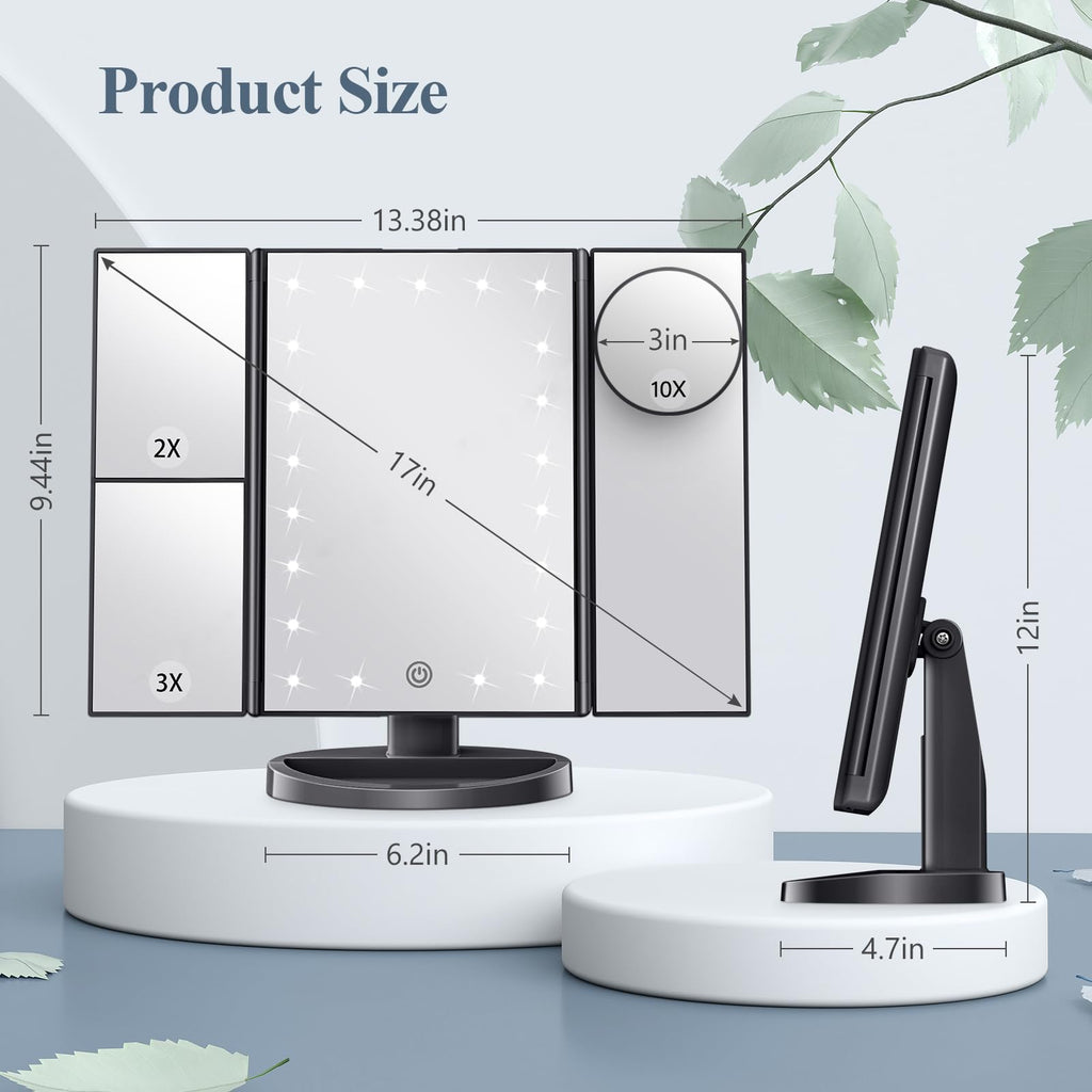 HUONUL Makeup Mirror with Lights – 2X/3X/10X Magnification, Touch Control, Trifold