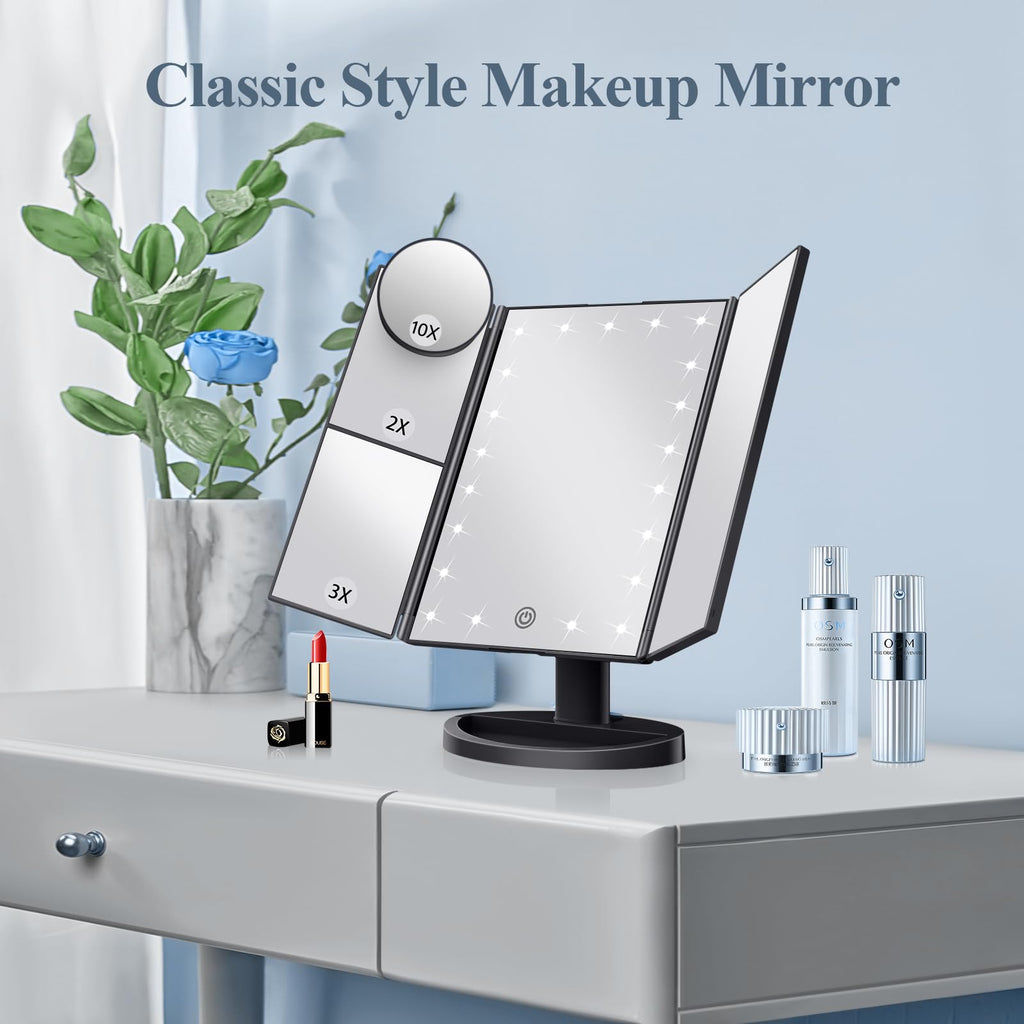 HUONUL Makeup Mirror with Lights – 2X/3X/10X Magnification, Touch Control, Trifold