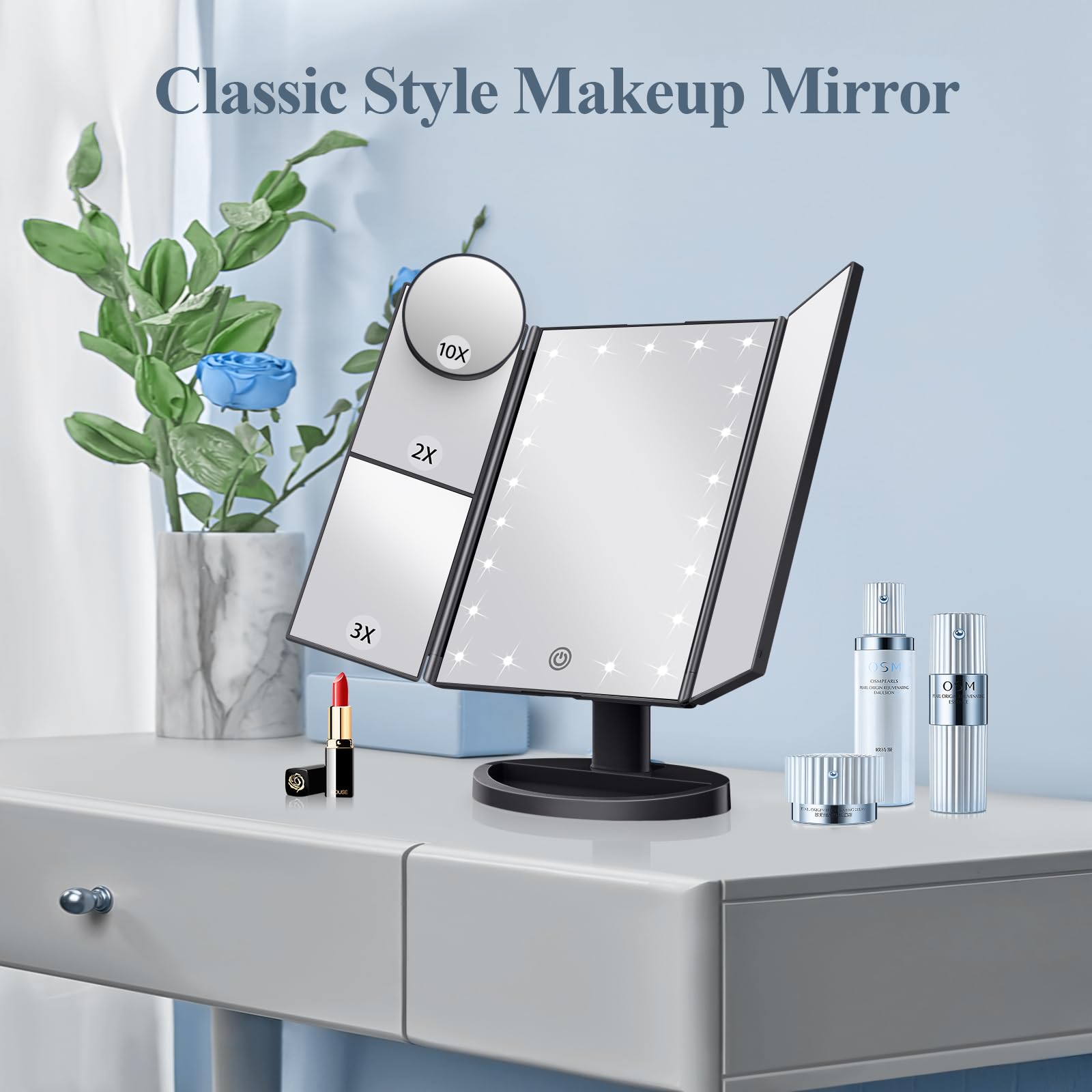 HUONUL Makeup Mirror with Lights – 2X/3X/10X Magnification, Touch Control, Trifold