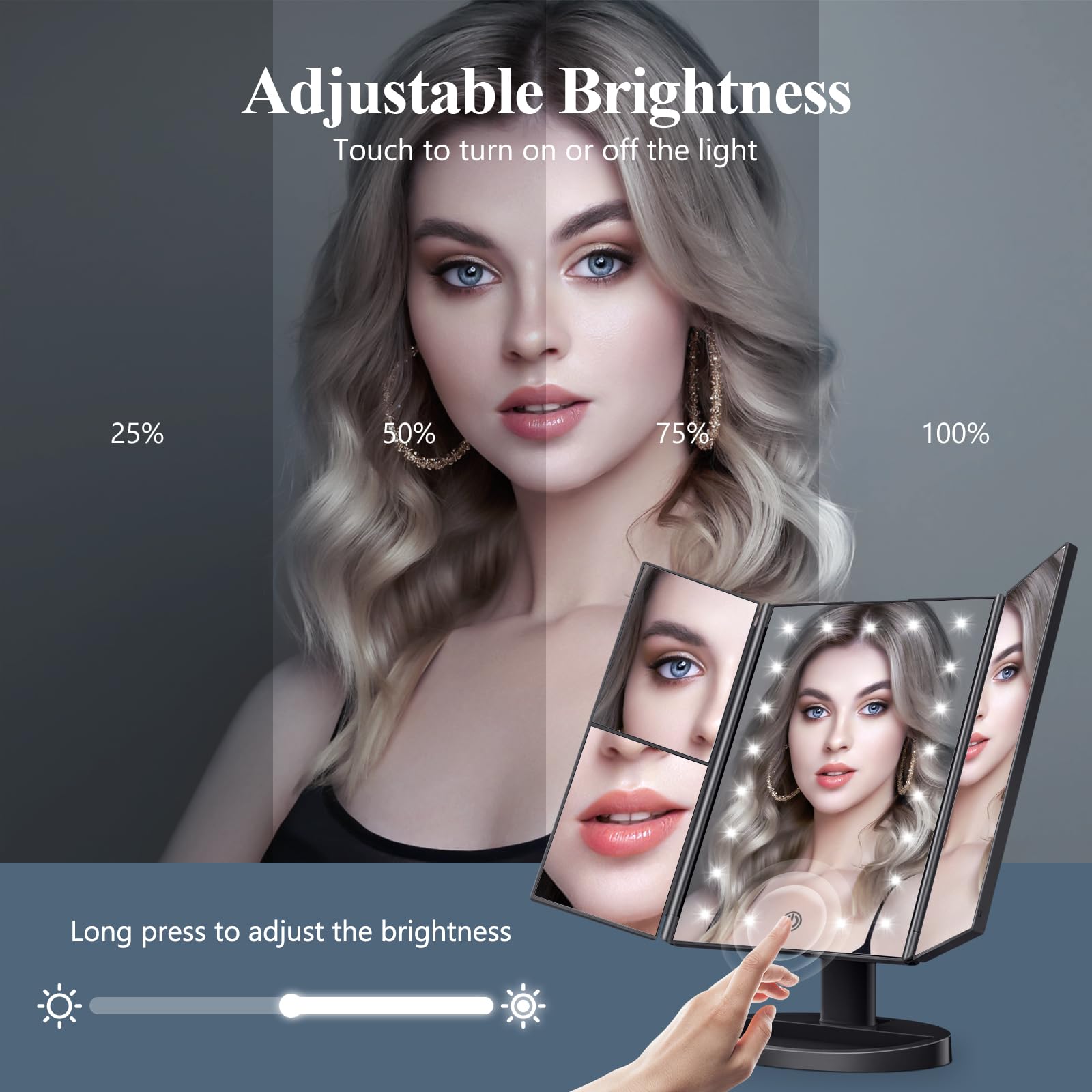 HUONUL Makeup Mirror with Lights – 2X/3X/10X Magnification, Touch Control, Trifold