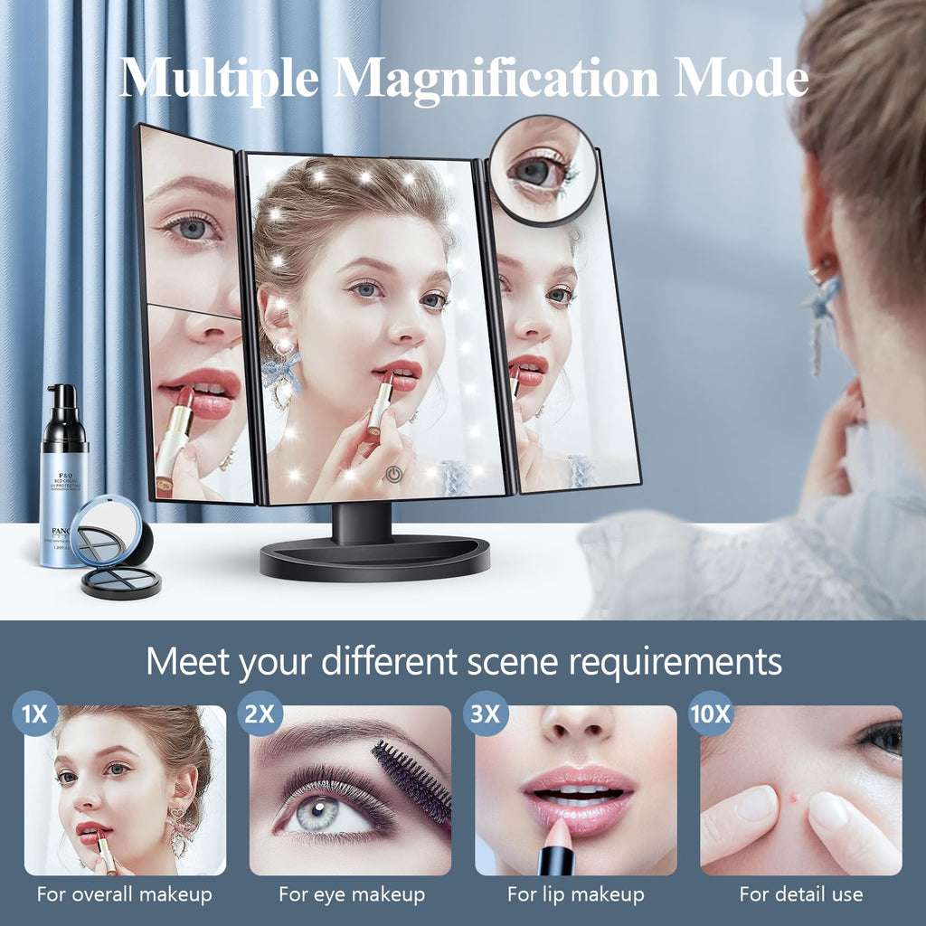 HUONUL Makeup Mirror with Lights – 2X/3X/10X Magnification, Touch Control, Trifold