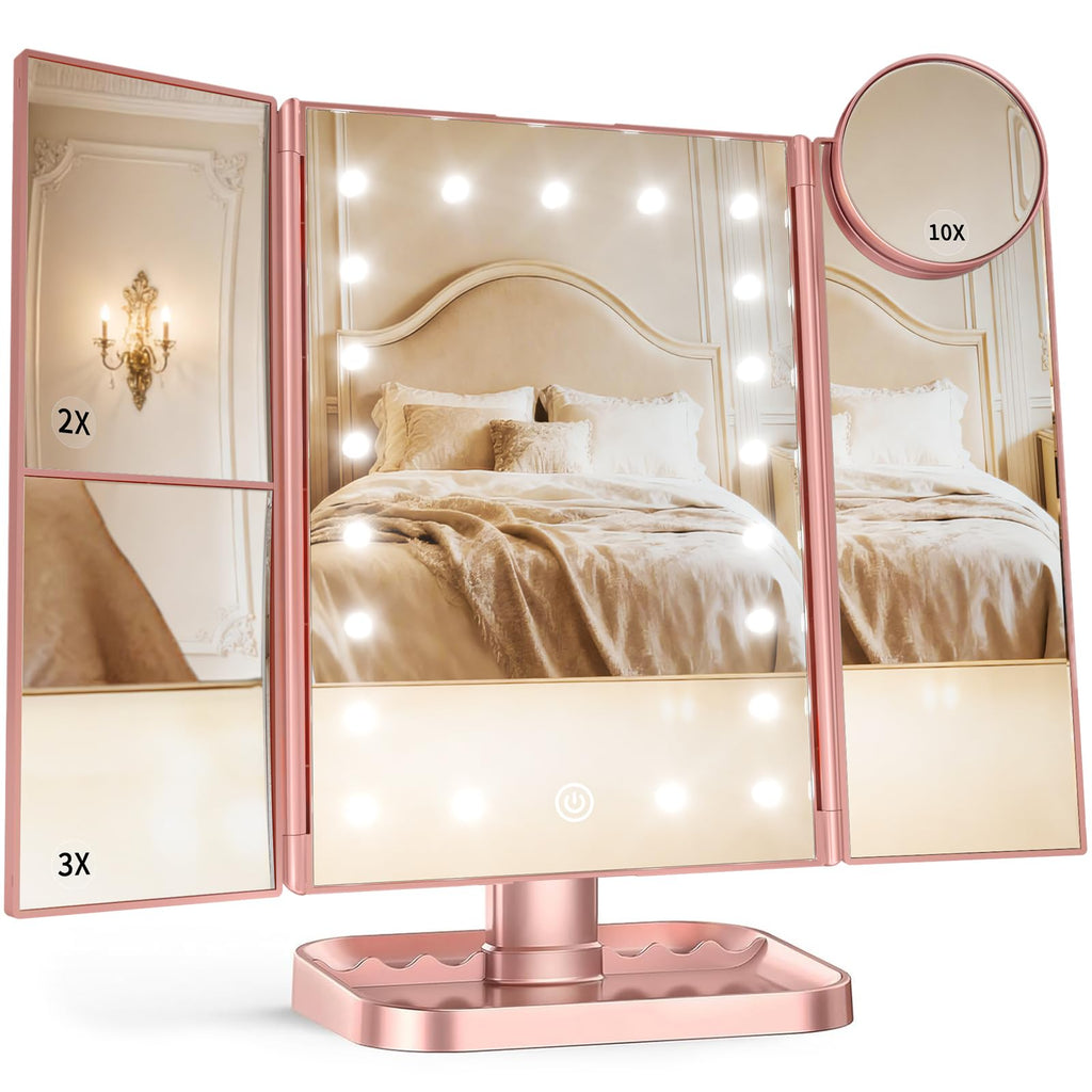 HUONUL Makeup Mirror with Lights — 2X/3X/10X Magnification, Touch Control, Trifold Vanity