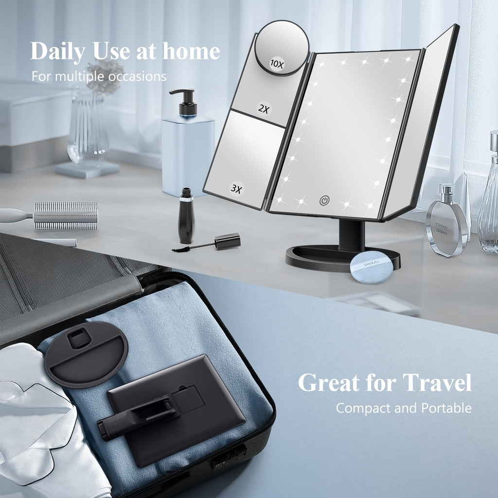 HUONUL Makeup Mirror with Lights – 2X/3X/10X Magnification, Touch Control, Trifold