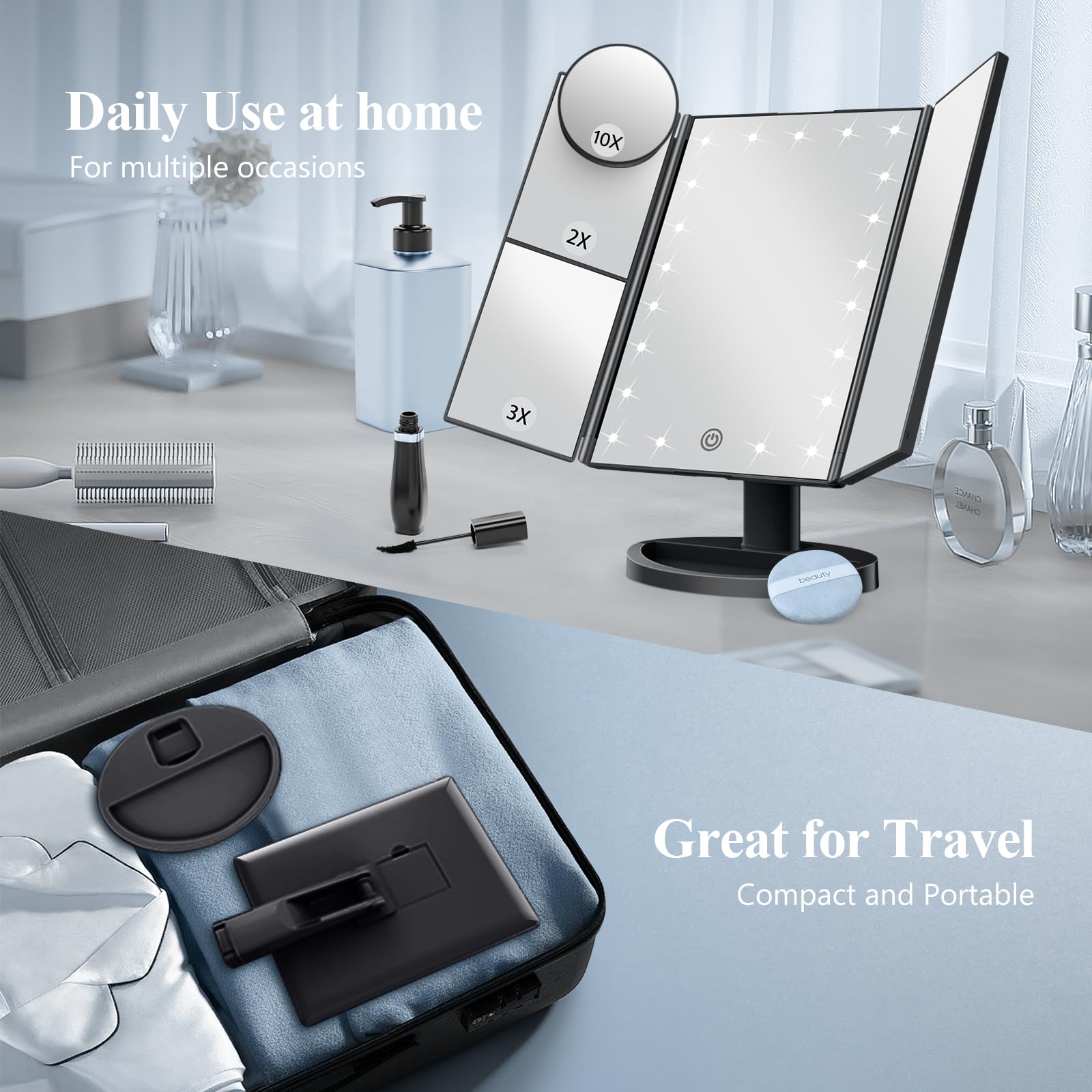 HUONUL Makeup Mirror with Lights – 2X/3X/10X Magnification, Touch Control, Trifold