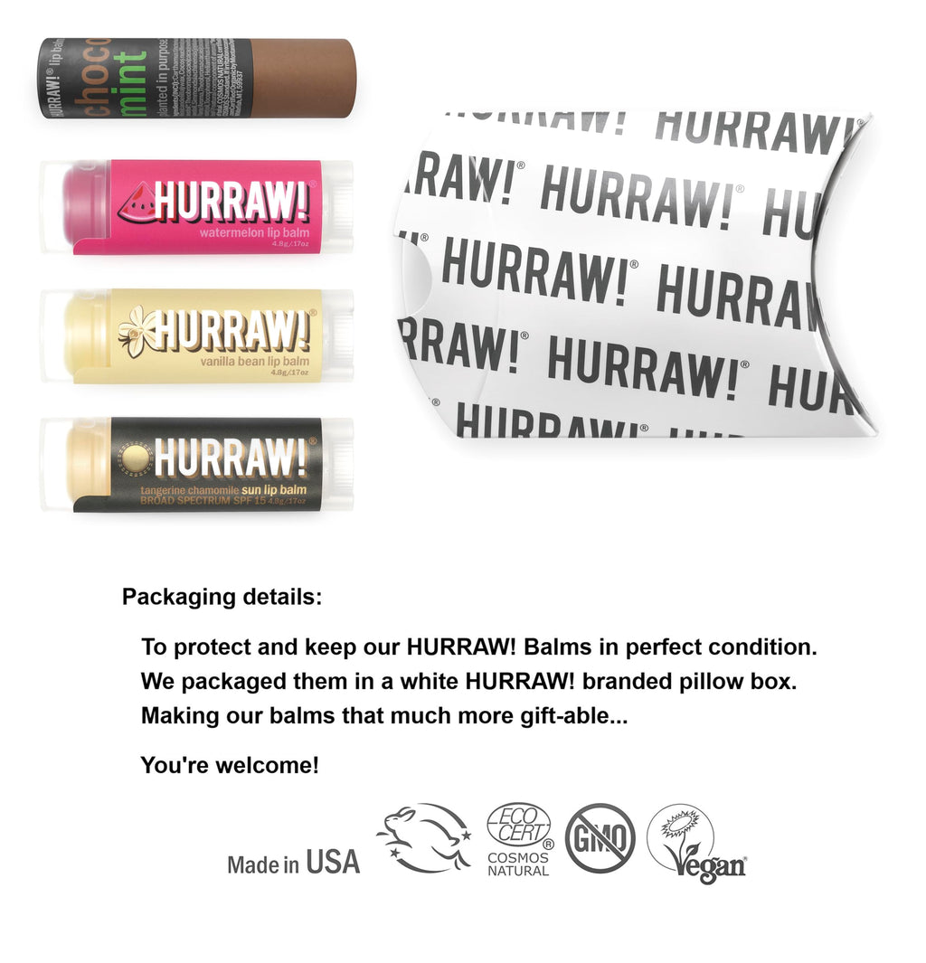 Hurraw! Lip Balms 4-Balm Bundle: Chocolate Mint, Watermelon, Vanilla Bean & Sun SPF 15 | Organic, Vegan, 100% Natural
