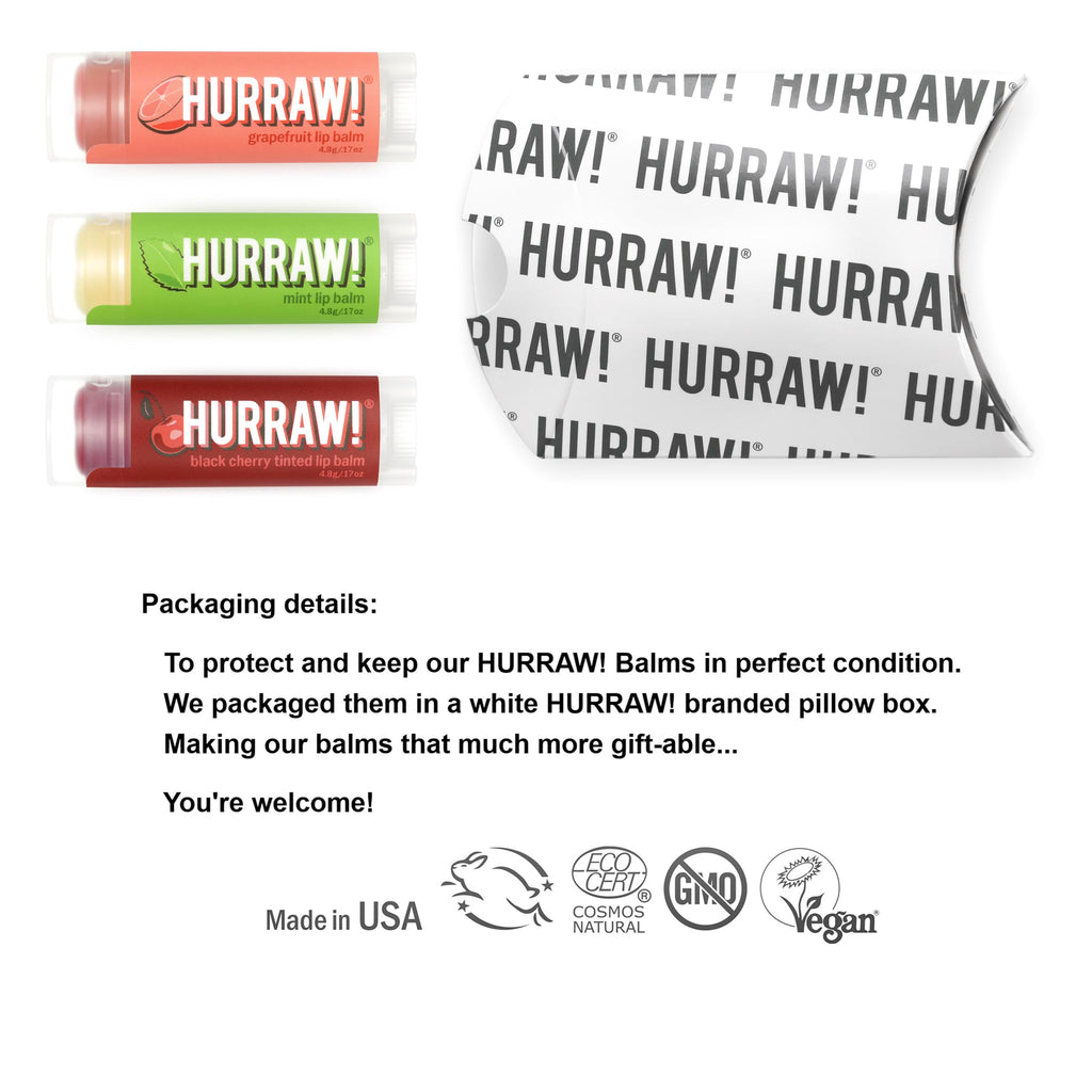 Hurraw! Grapefruit, Mint & Black Cherry Tinted Lip Balms – 3 Pack, Organic, Vegan, Cruelty-Free, Made in USA