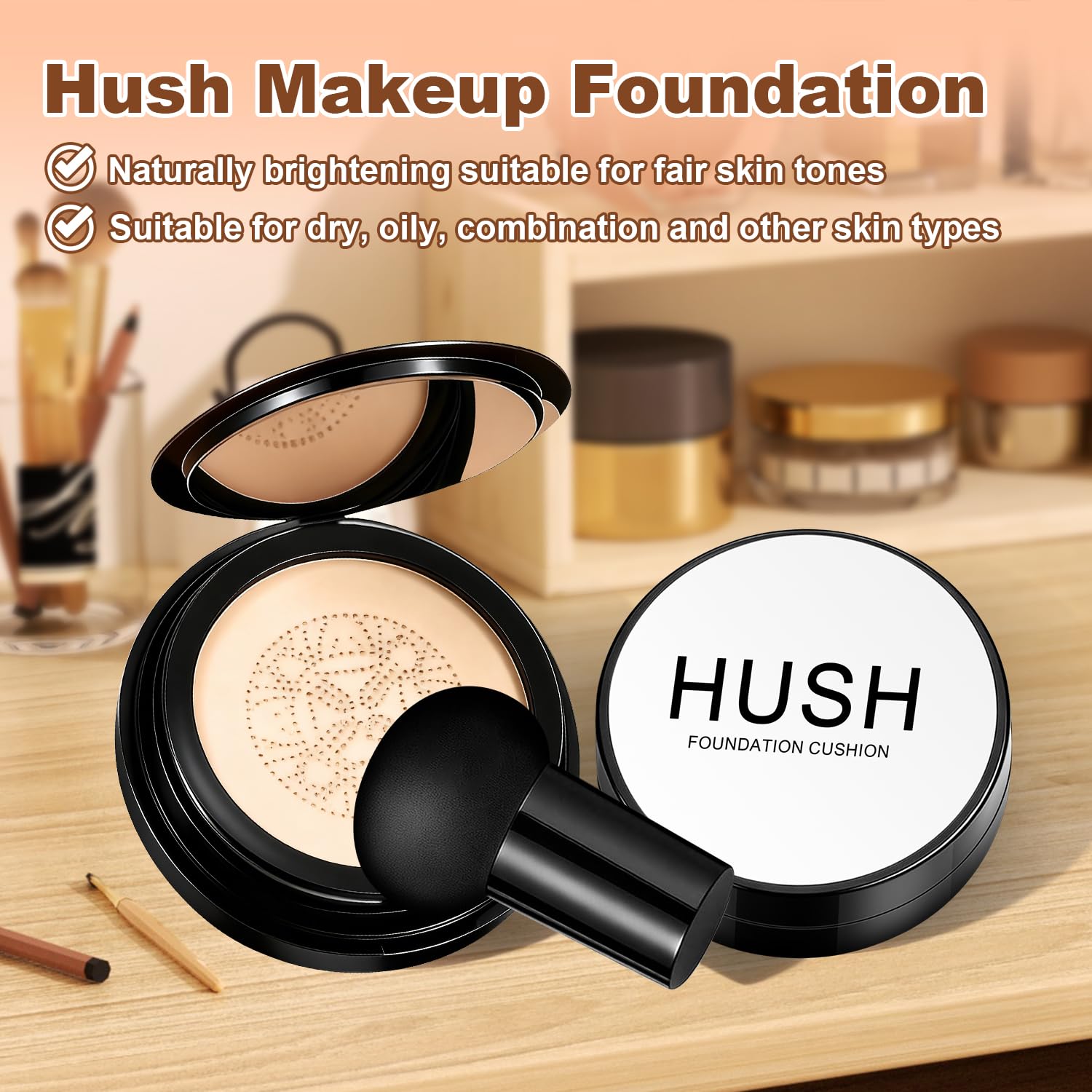 Hush Makeup Foundation Natural Glow – Lightweight Cushion for Light to Medium Complexions