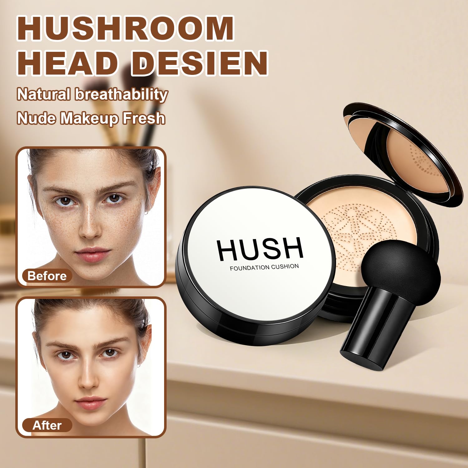 Hush Makeup Foundation Natural Glow – Lightweight Cushion for Light to Medium Complexions