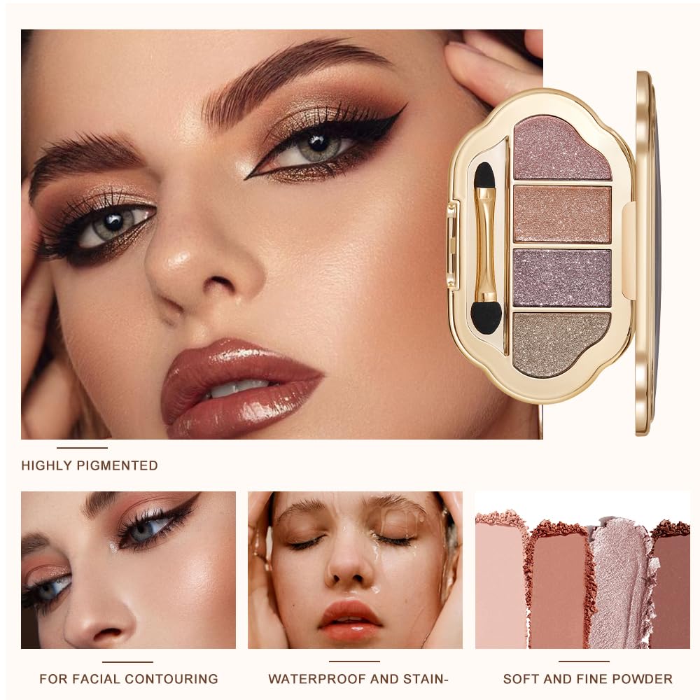 Hxssll Neutral Shimmer Eyeshadow Palette – Rose Mauve, Copper Bronze, Lavender Silver & Champagne Taupe