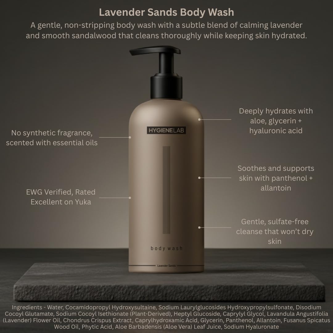 HygieneLab Men's Natural Body Wash – Ultra Hydration, EWG Verified Clean, Lavender Sands (Sulfate-Free, 10 oz)