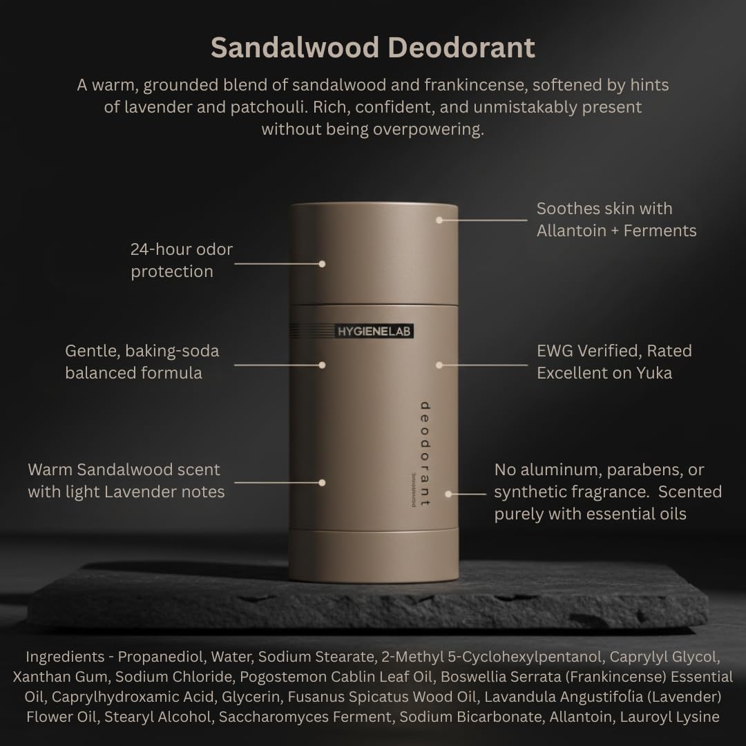 HygieneLab Men's Deodorant – Aluminum-Free, 24-Hour+ Odor Protection, EWG Verified, Smooth Glide, Essential Oils, Premium Sandalwood Scent