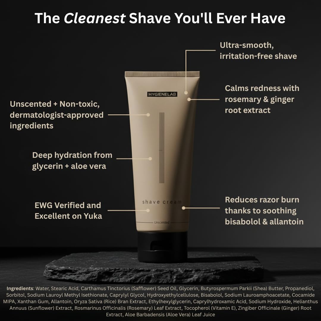 HygieneLab Shaving Cream – Fragrance-Free, Yuka 100/100, Aloe & Shea Hydration (6.76 oz)