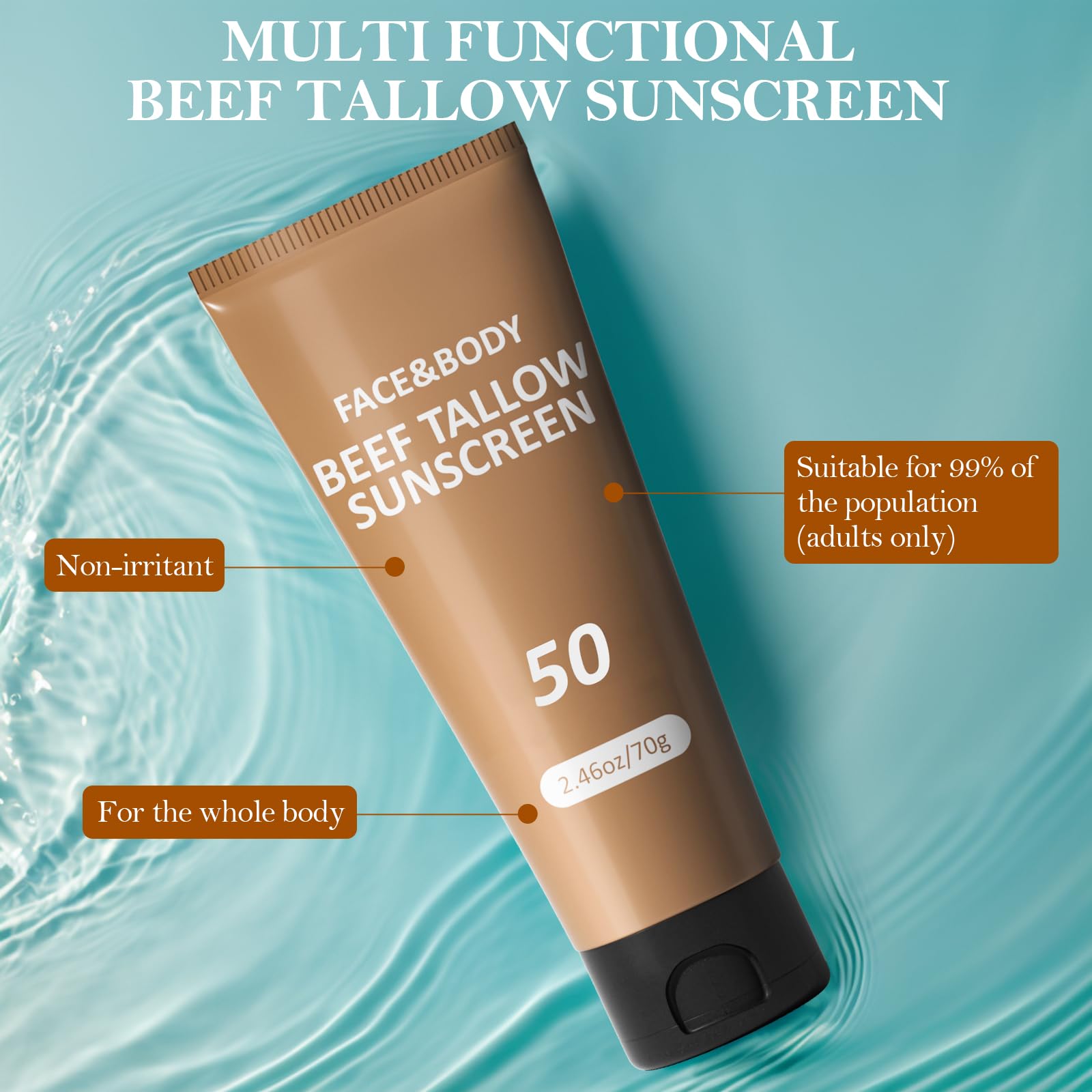 HZENPPOR Beef Tallow Sunscreen SPF 50 — Waterproof, Non-Greasy Face & Body, 2.46 oz