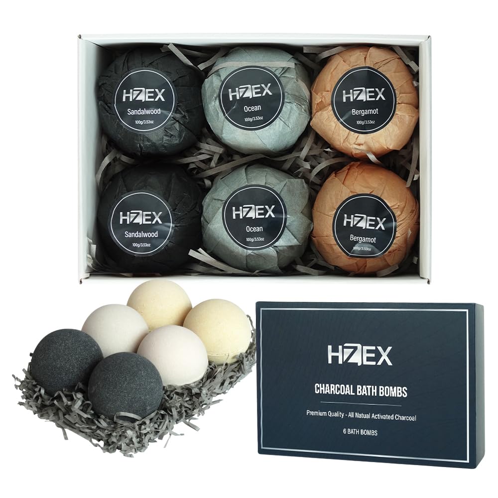 HZEX Charcoal Bath Bombs Gift Set – 6-Piece Natural Spa Fizzies with Essential Oils – Handmade Vegan Bath Bombs