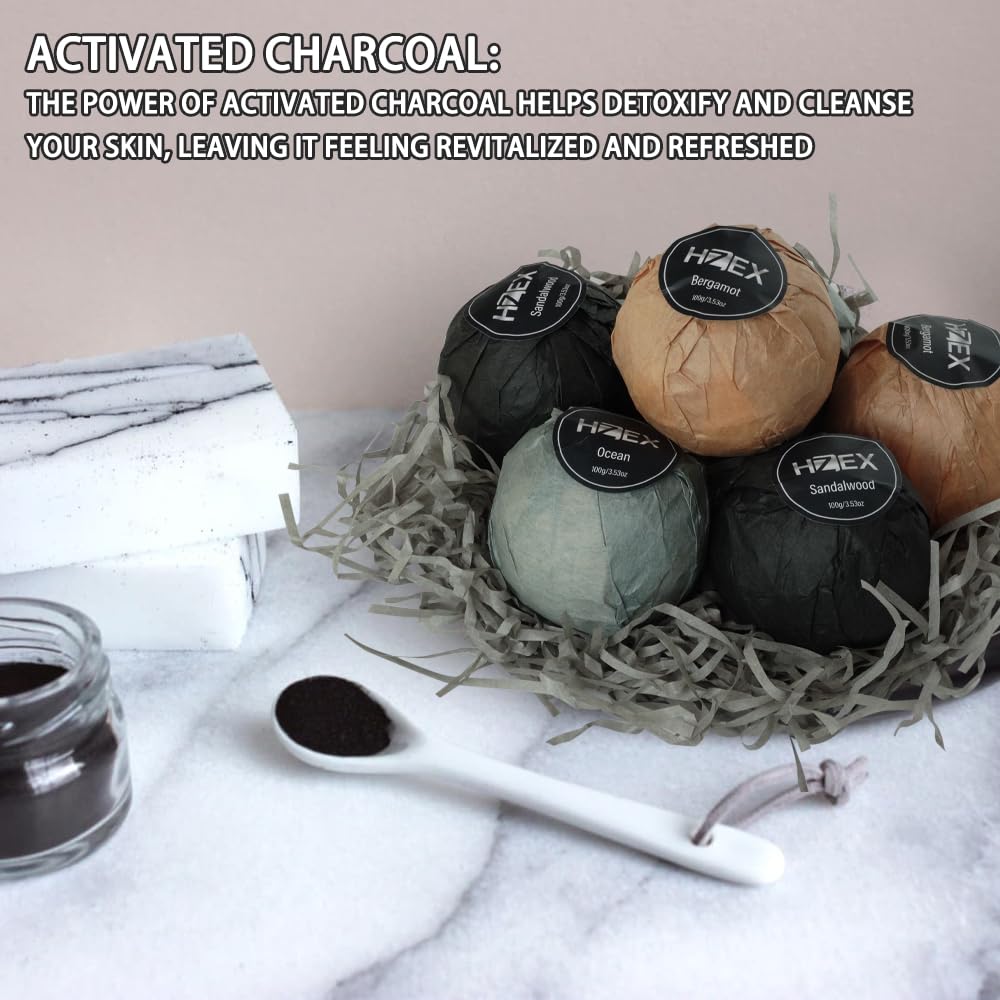 HZEX Charcoal Bath Bombs Gift Set – 6-Piece Natural Spa Fizzies with Essential Oils – Handmade Vegan Bath Bombs