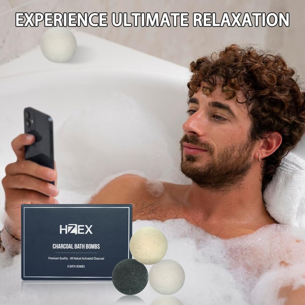 HZEX Charcoal Bath Bombs Gift Set – 6-Piece Natural Spa Fizzies with Essential Oils – Handmade Vegan Bath Bombs