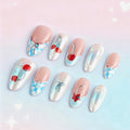 HZJXRT 3D Bow Tie Press-On Nails Cherry – Almond Medium, Blue Glitter French Tips, Red Stars (24Pcs)