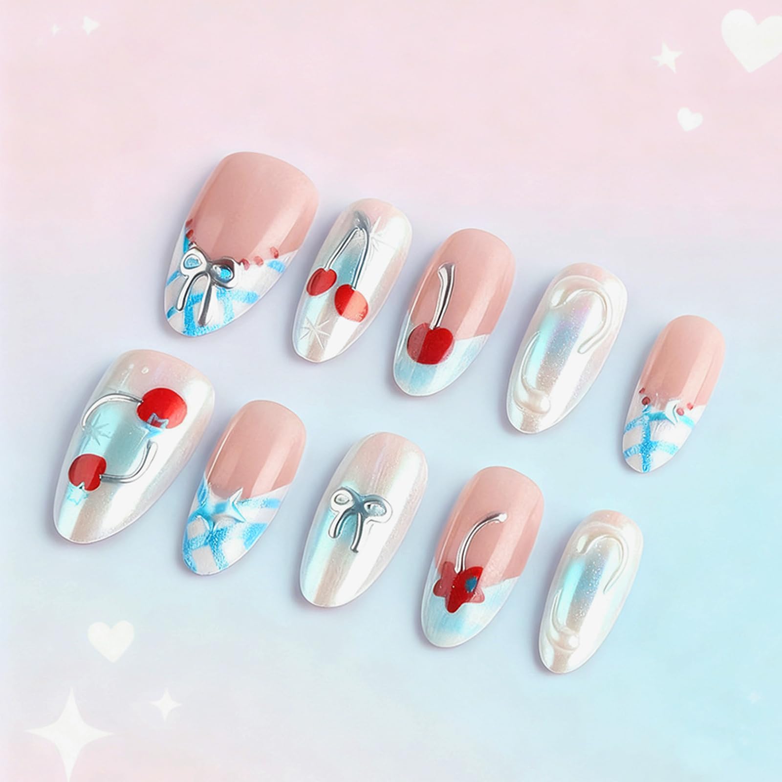 HZJXRT 3D Bow Tie Press-On Nails Cherry – Almond Medium, Blue Glitter French Tips, Red Stars (24Pcs)